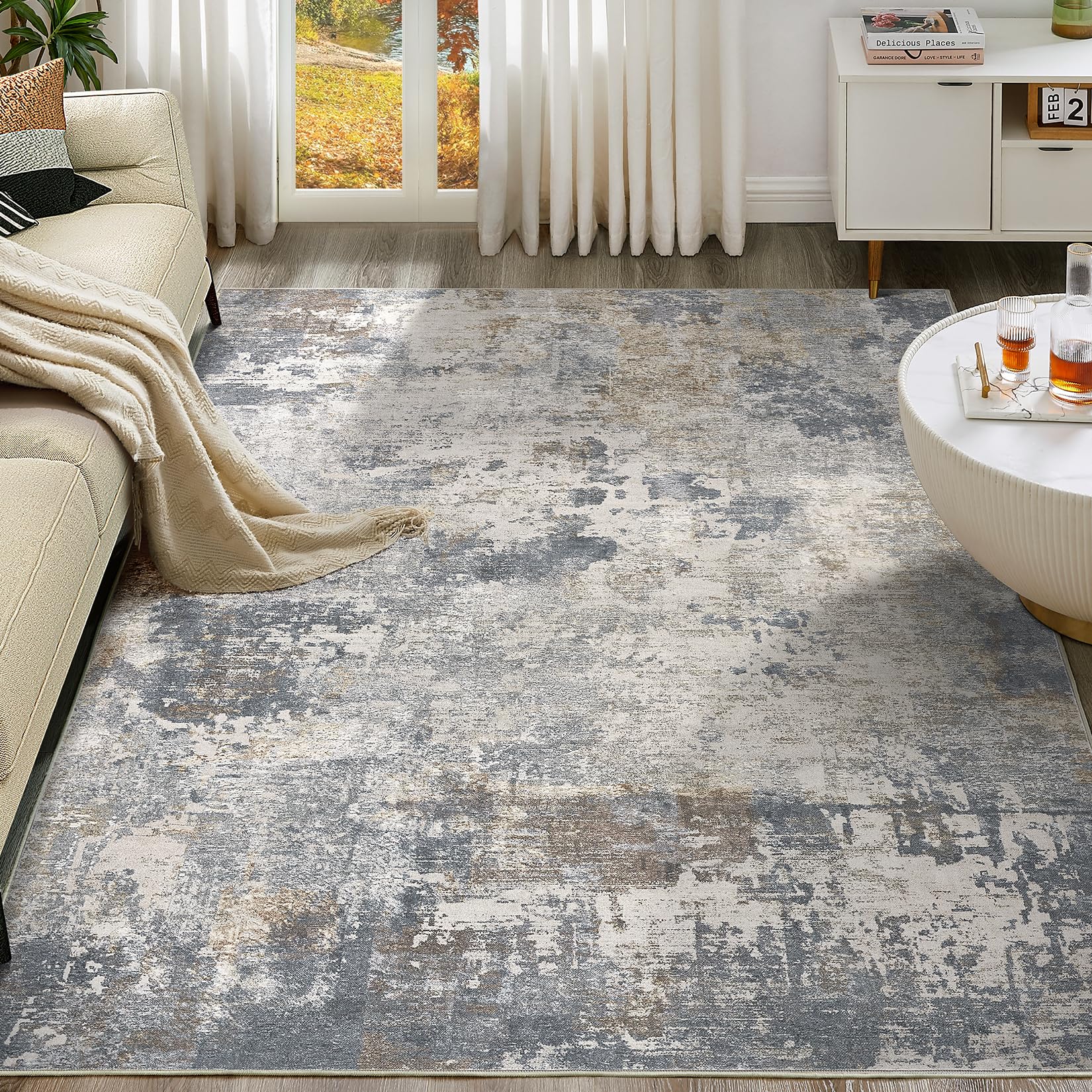 UERMEI 5x8 Area Rug Living Room Rugs - Washable Neutral Modern Abstract Soft Thin Large Rug Indoor Floor No Slip Rug Carpet for 