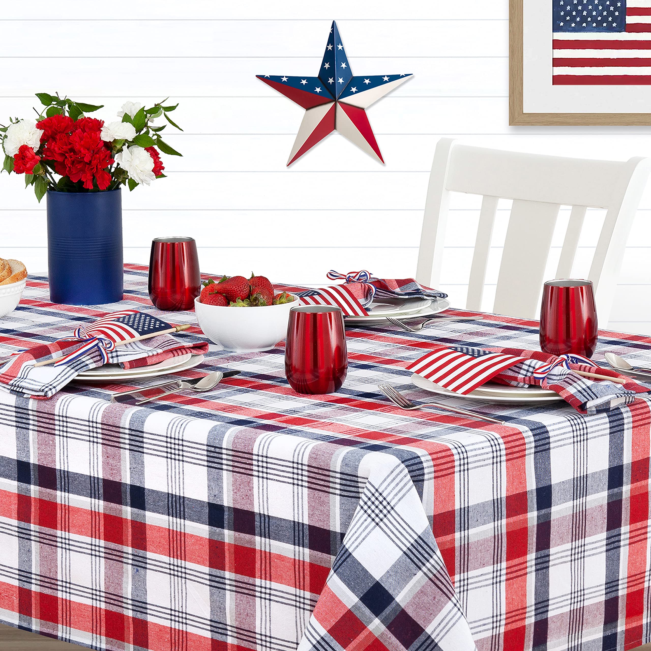 Home Bargains Plus Americana Square Fabric Napkins, Set Of 4 Napkins, Patriotic Celebration, Red White And Blue Plaid Fabric Nap