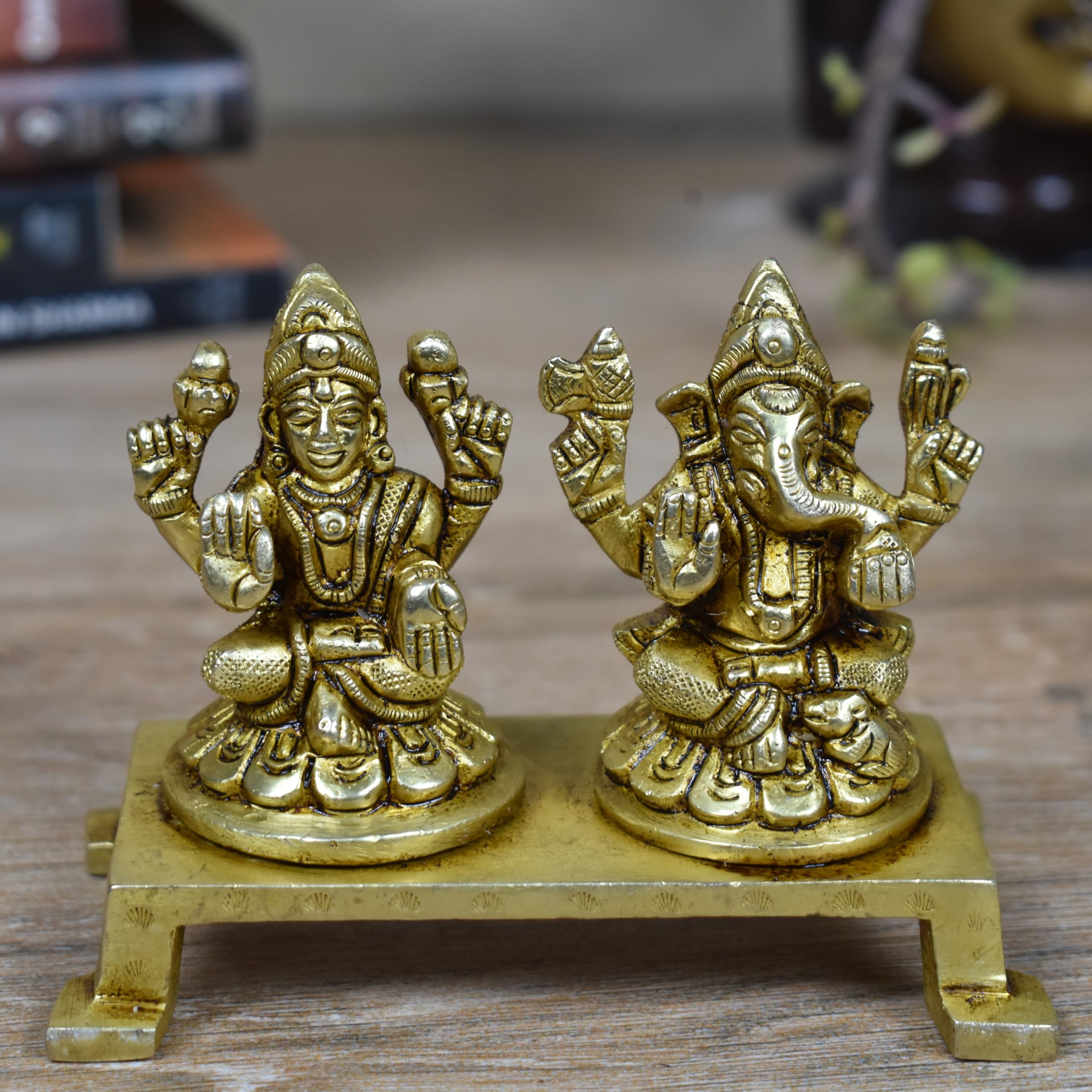 Vintage Gulley Brass Laxmi Ganesh Idol Set With Chowki Stand, Peetal Ganesha Lakshmi Paoti For Diwali Puja, Study Table, Pooja R