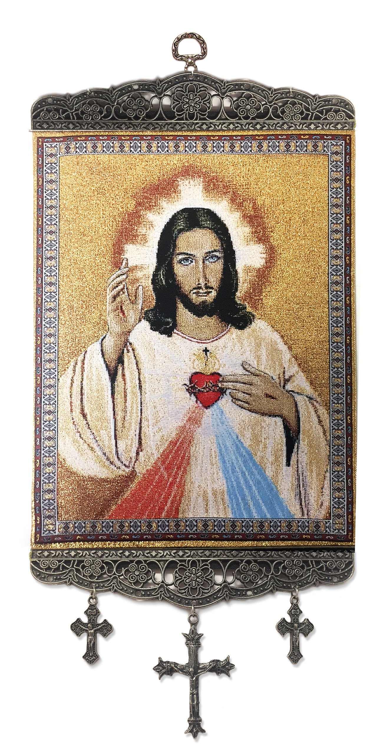 Tapestry Large Catholic Icon Christ Jesus Divine Mercy With Crosses 15 7/8 Inch