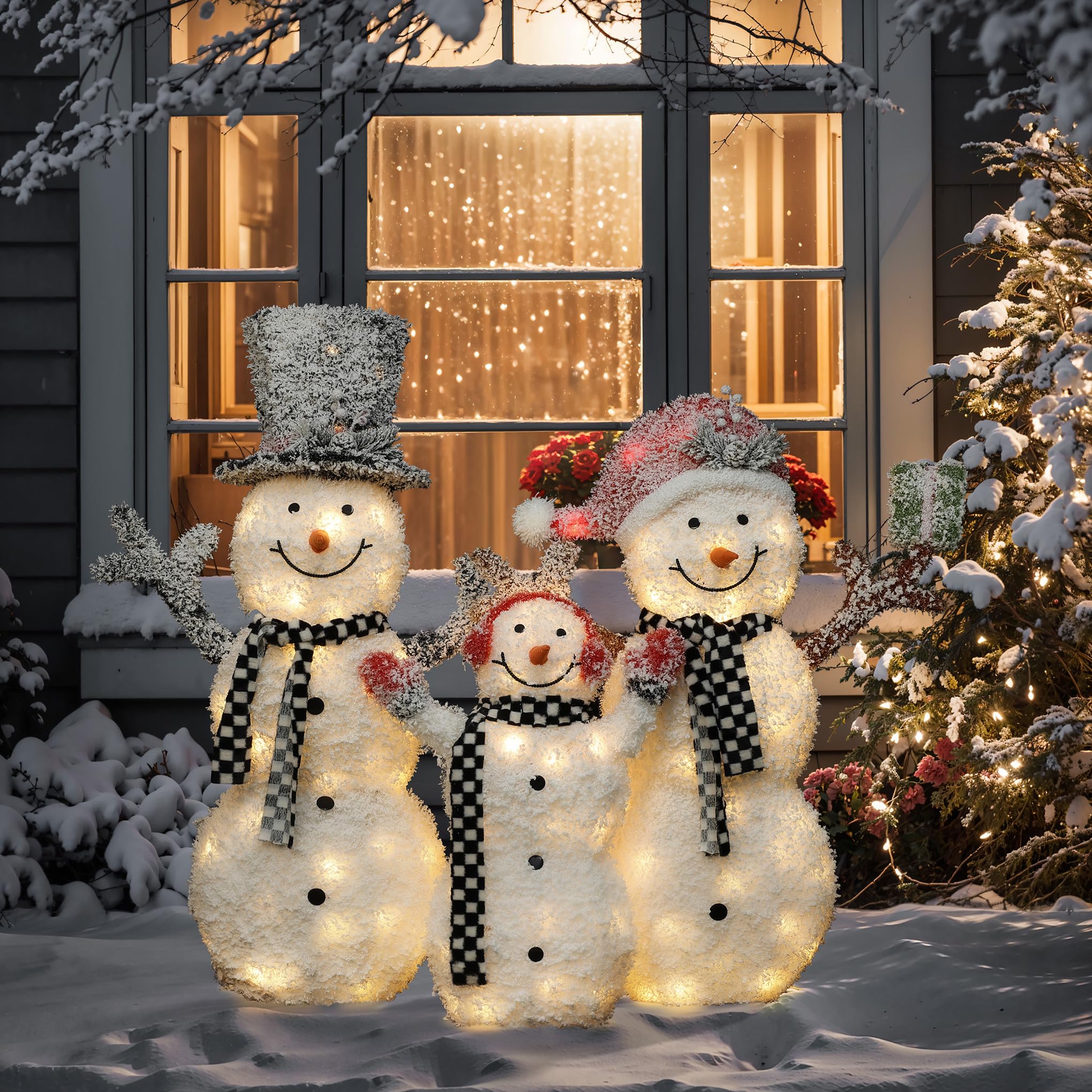 LuxenHome 3.5FT Lighted Snowman Family Outdoor Decorations, Prelit Frosted Snowman with Hat and Scarf, Illuminated Christmas Dec