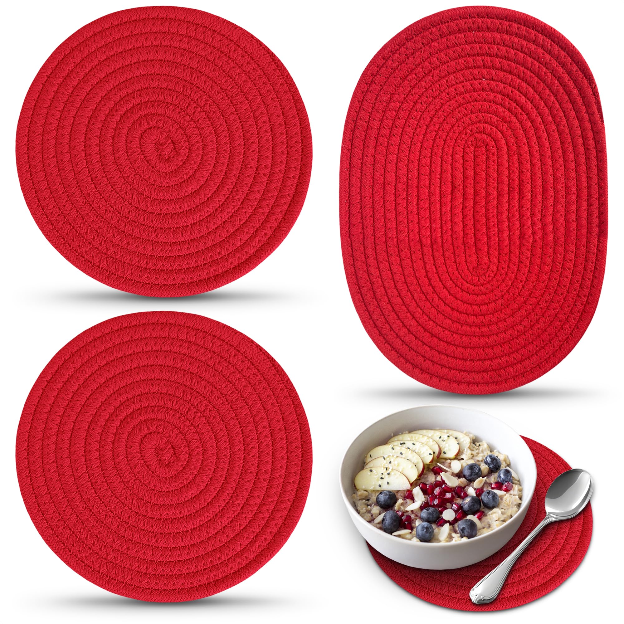3Pcs Red Trivets For Hot Dishes Decorative - Trivets For Hot Pots And Pans Hot Pot Holder Hot Plate Mat - Red Hot Pads For Kitch