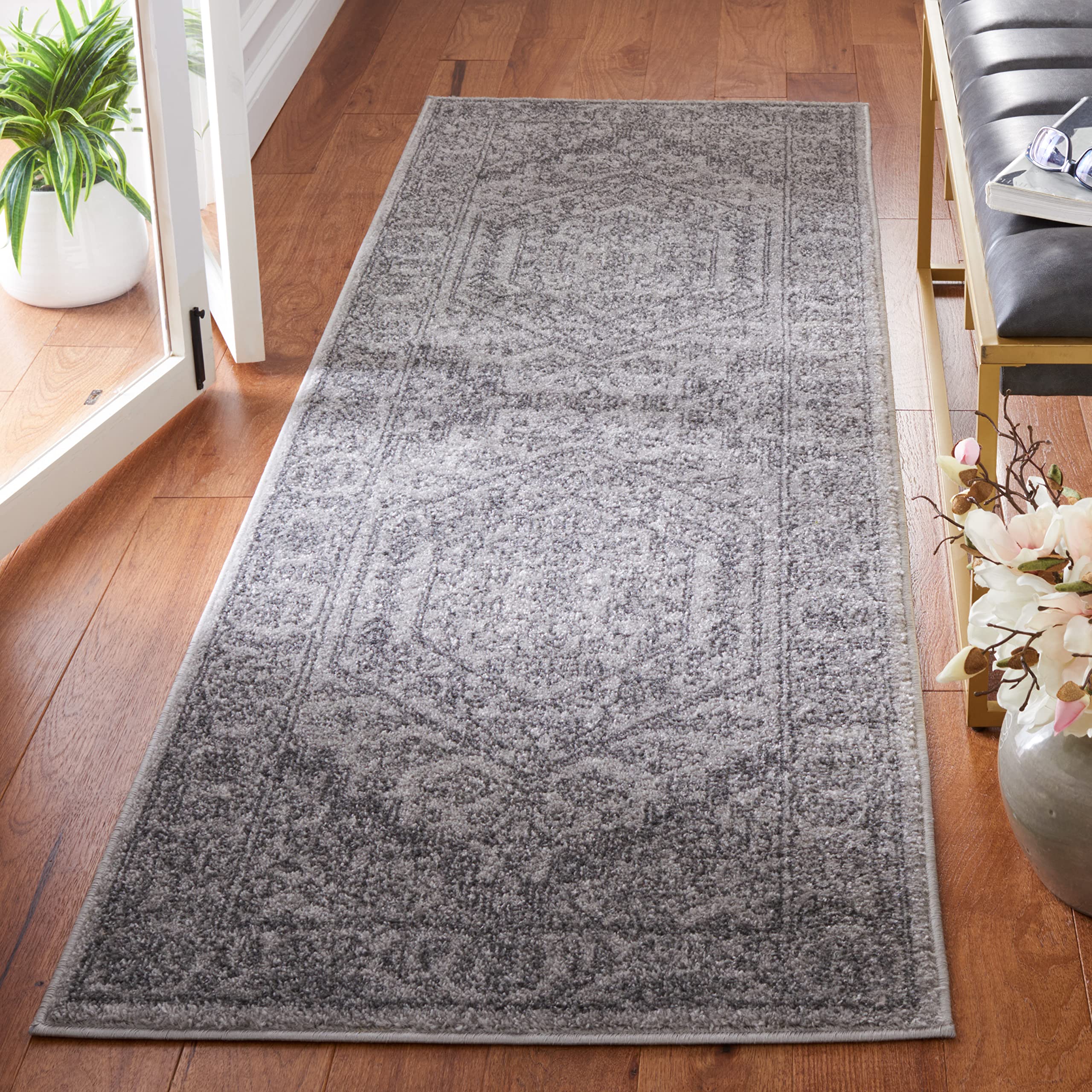 Safavieh Adirondack Collection Runner Rug - 26 x 6, Light Grey & Dark Grey, Oriental Medallion Design, Non-Shedding & Easy Car