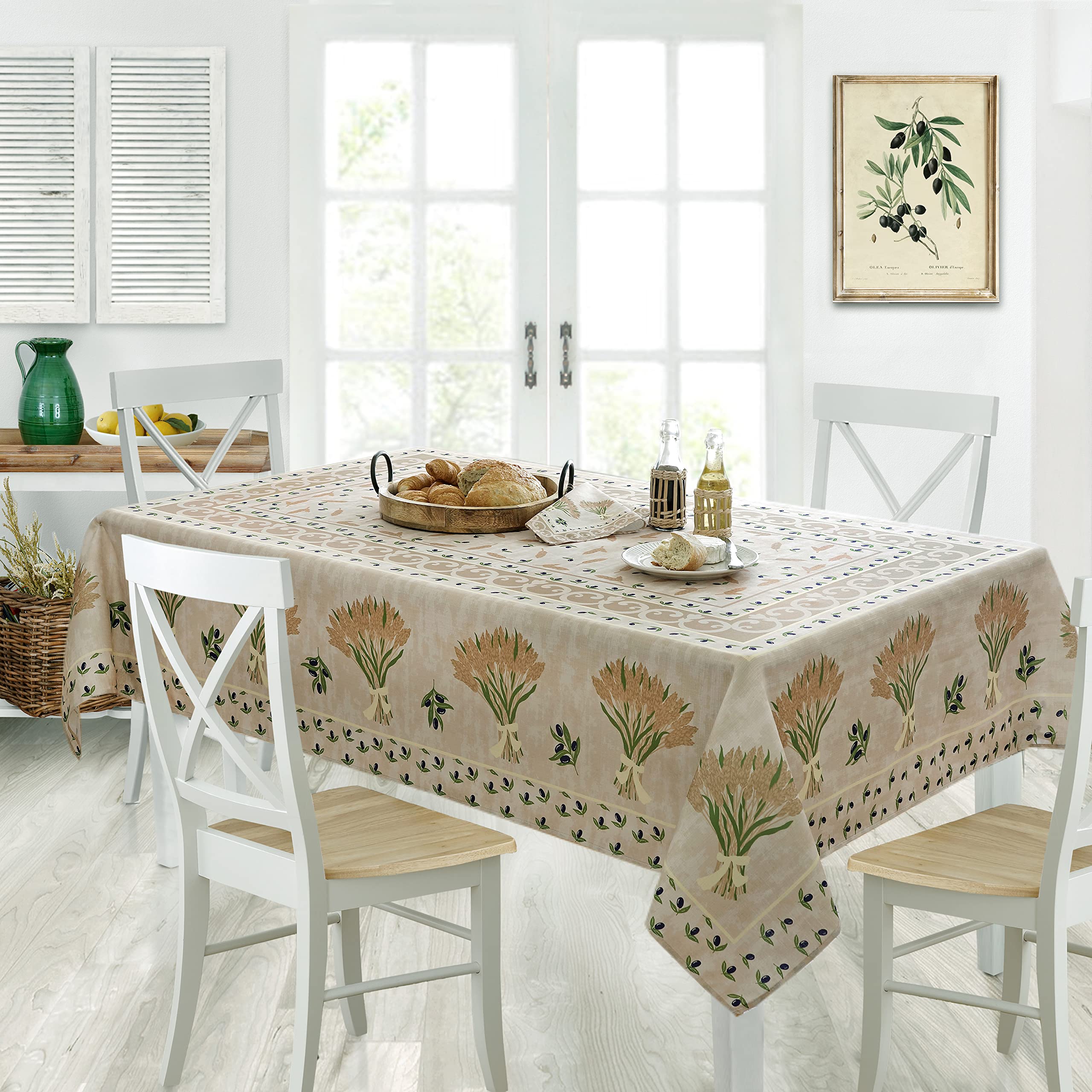 Home Bargains Plus Rectangle Fabric Tablecloth, 60 X 84 Inch, Wheat And Olives Print, Indoor Outdoor Stain And Water Resistant F