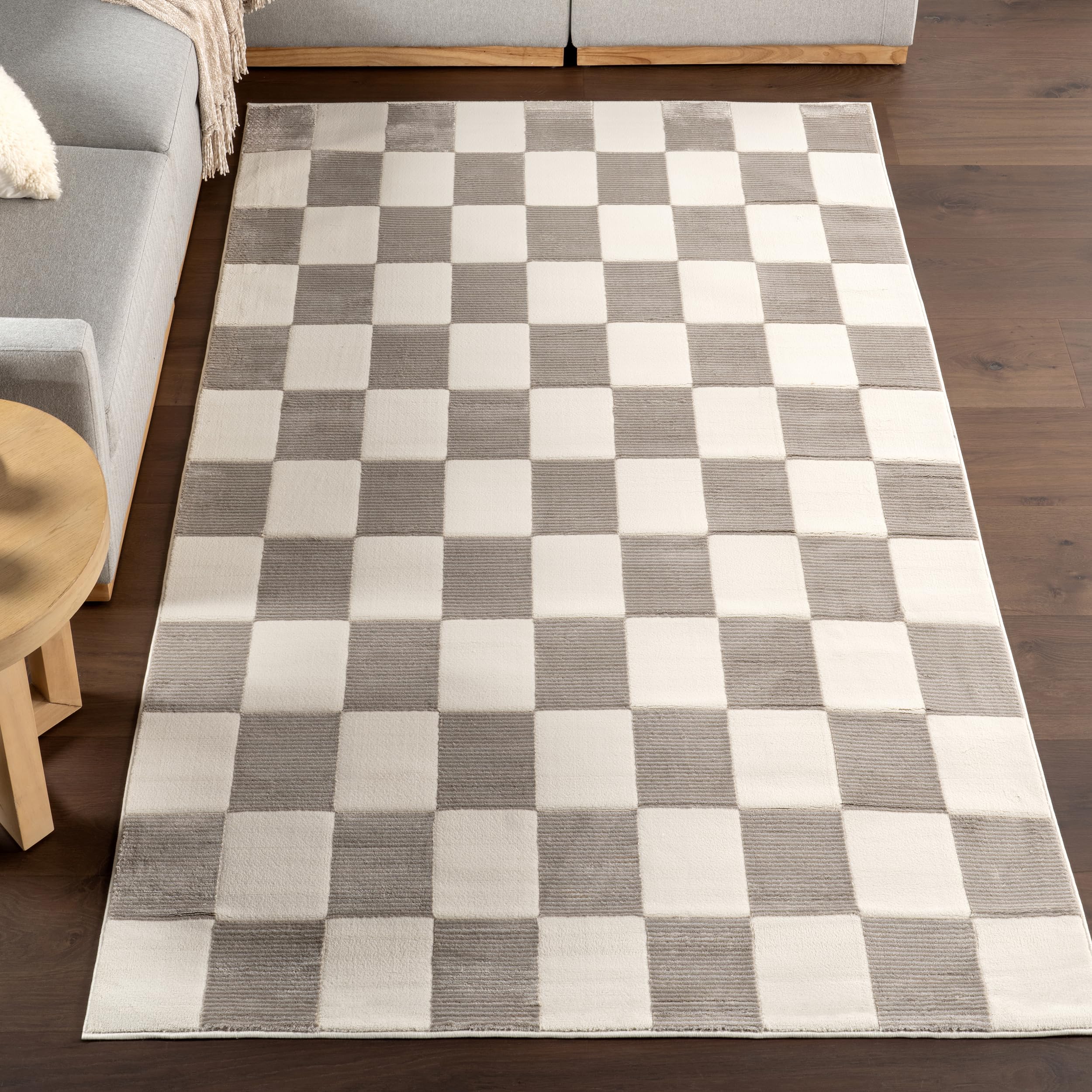 nuLOOM Zhuri Checkered Machine Washable Area Rug - 6 Round Machine Washable Area Rug Farmhouse Cream/Beige Rugs for Living Room 