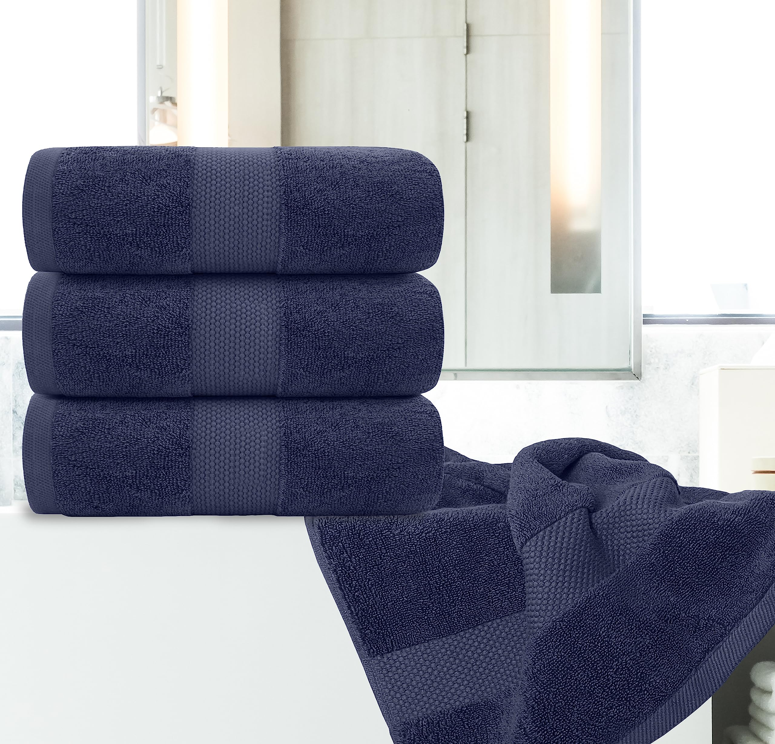 White Classic Luxury Bath Towels Large - Cotton Hotel spa Bathroom Towel 30x56  4 Pack  Navy Blue