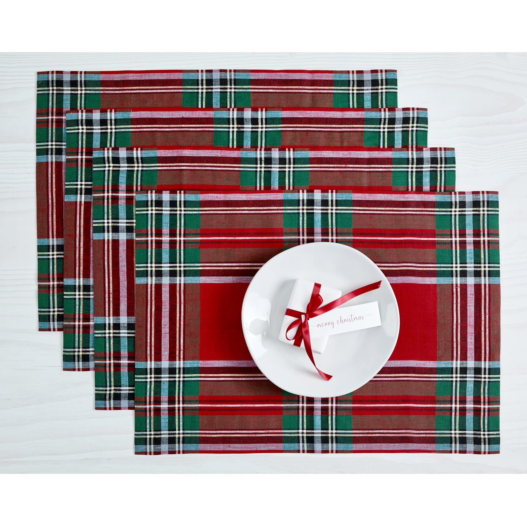 Solino Home Linen Placemats Set Of 4-100% Pure Linen Red Madras Holiday Plaid Cloth Placemats 19'' L X 14'' W Inch - Handcrafted