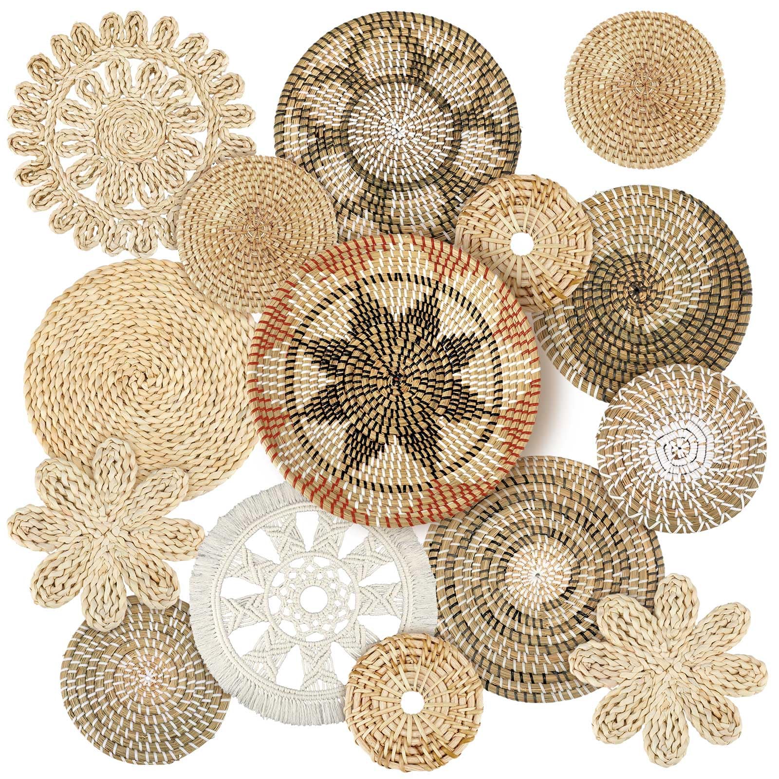 Xuhal 15 Pcs Boho Wall Basket Decor Hanging Woven Wall Basket Decorative Rustic Handcrafted Seagrass Baskets Round Woven Hanging