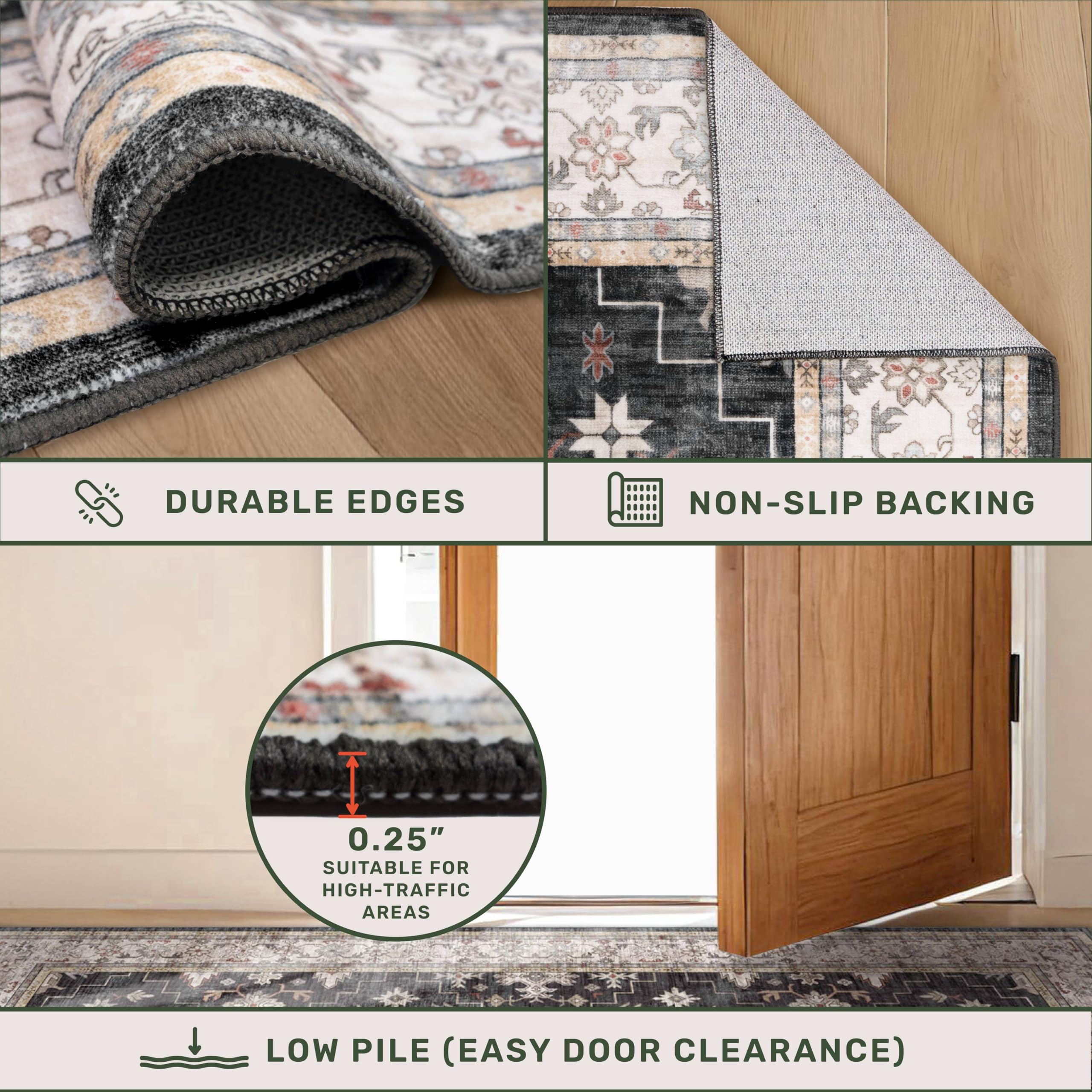 Washable 4x8 Hallway Runner Rug, Black Vintage 8ft Soft Runners for Entry Kitchen Non Slip Low Pile Thin Carpet for Living Room