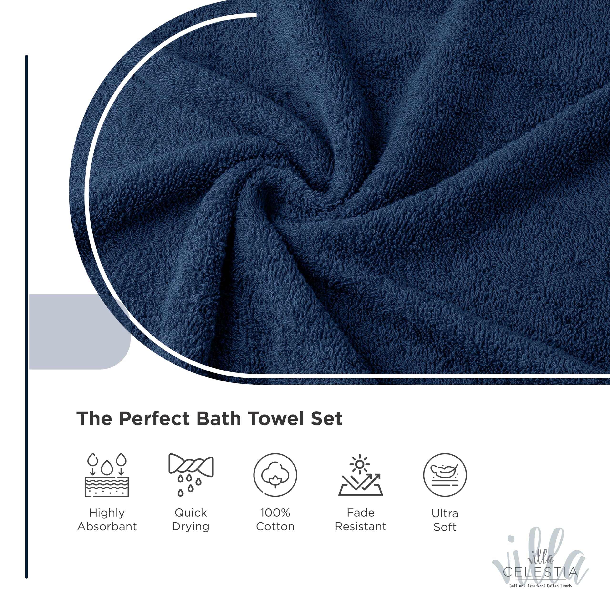 Villa Celestia 100% Cotton Bath Towel Set Of 18-4 Bath Towels, 6 Hand Towels, 8 Wash Cloths, Sustainable, Soft, Highly Absorbent