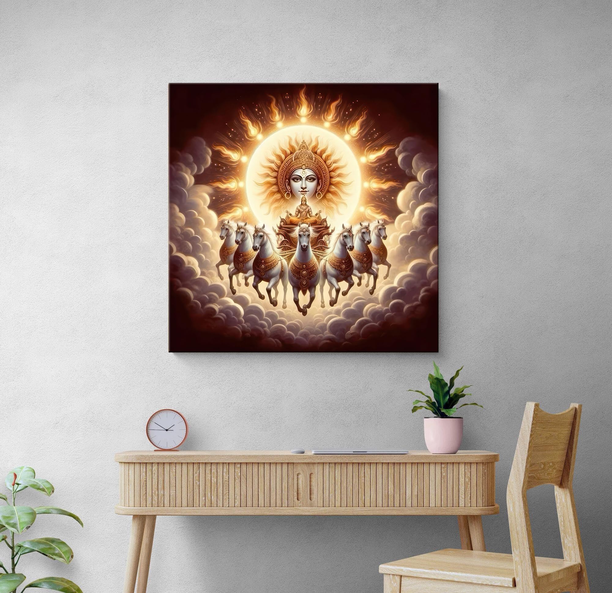 999STORE Canvas Wrapped Painting of Sun God Surya with Horses - Vedic Art for Modern Dcor - 24X24 Inches(FLP24X240544)