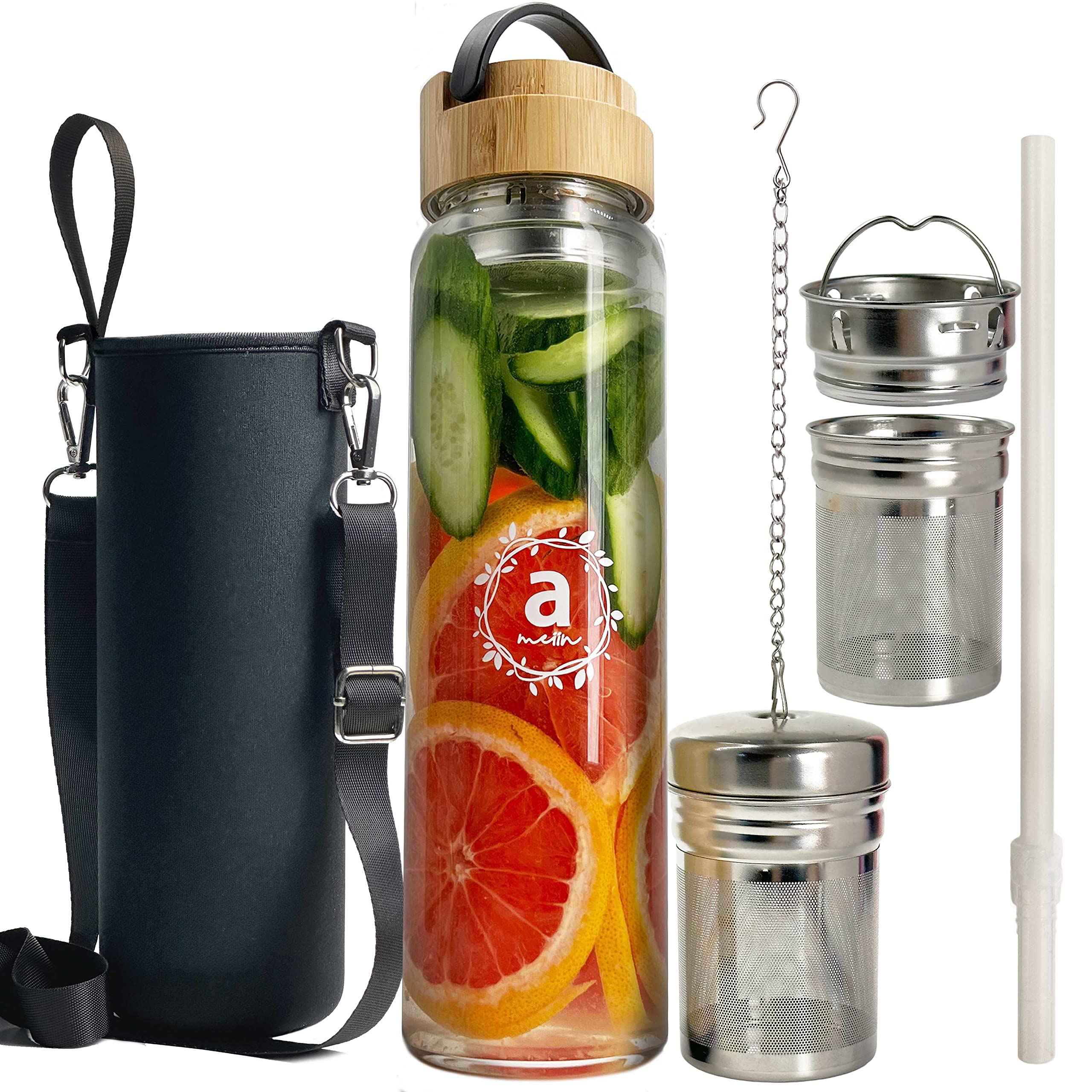 ameiin 32oz Borosilicate Glass Water Bottle with Bamboo Lid and 2 Tea Infuser Sets for Fruit Infused Water and Cold Brew Coffee 