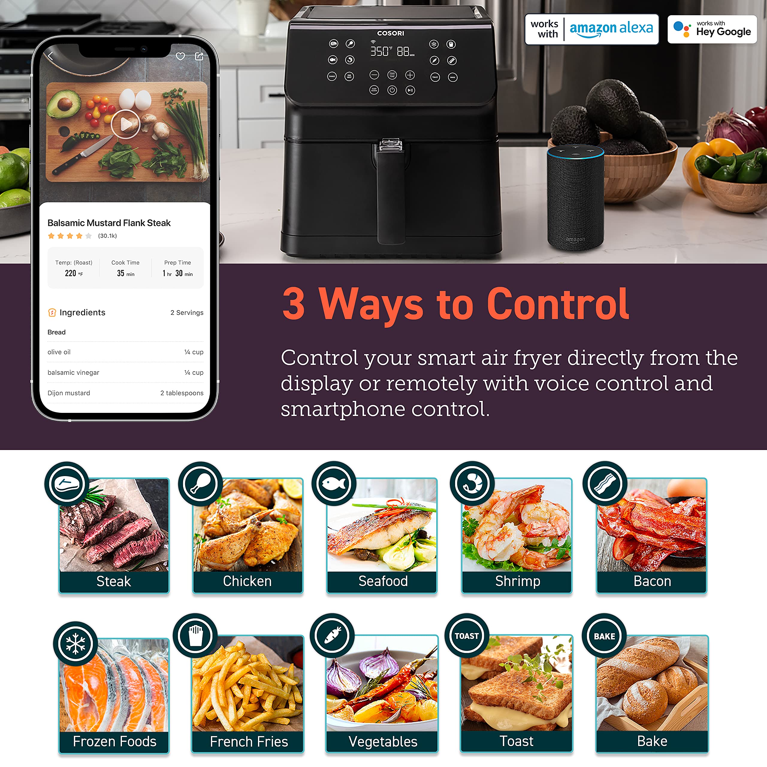 Cosori Air Fryer Pro Smart 5.8Qt That Roast, Bake, 3-Way Control, 12-In-1 Customizable Functions, Online Recipes, Detachable Bas