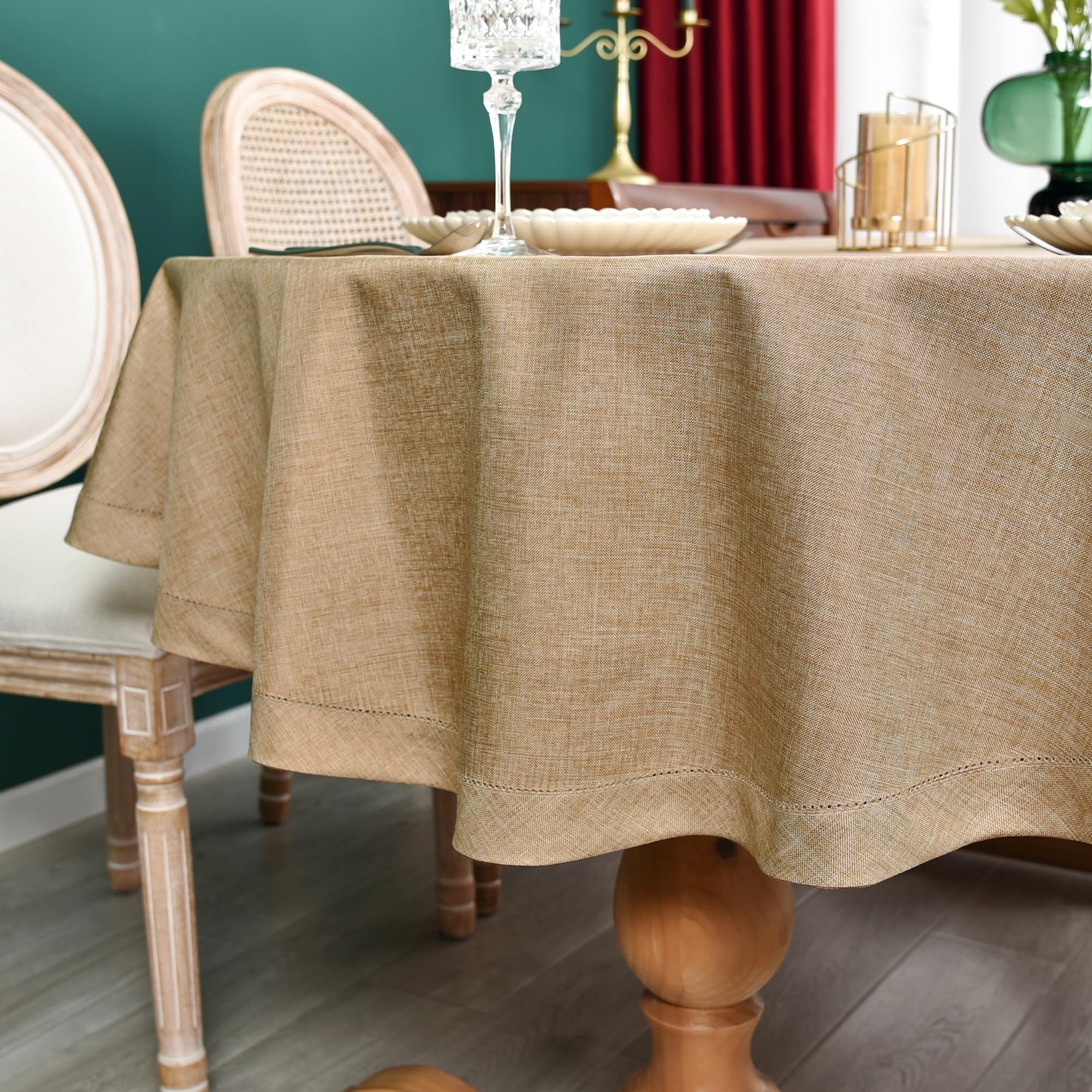 Newisher Farmhouse Oval Hemstitch Border Tablecloth Neutral Faux Linen Table Cloth Rustic Solid Flaxen Table Cover For Dining Ki