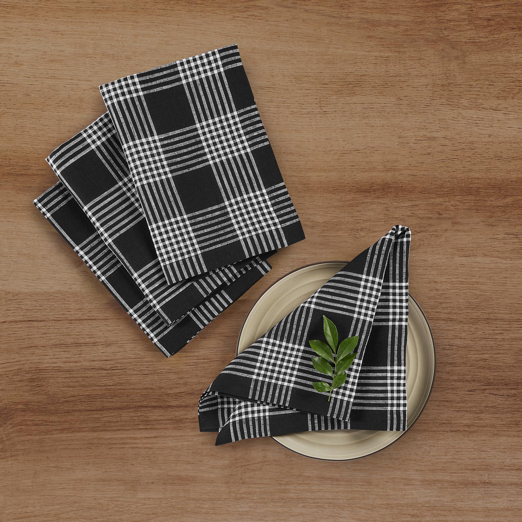 Solino Home Plaid Linen Dinner Napkins 20 X 20 Inch - 100% Pure Linen Black And White Glen Check Cloth Napkins Set Of 4 - Handcr