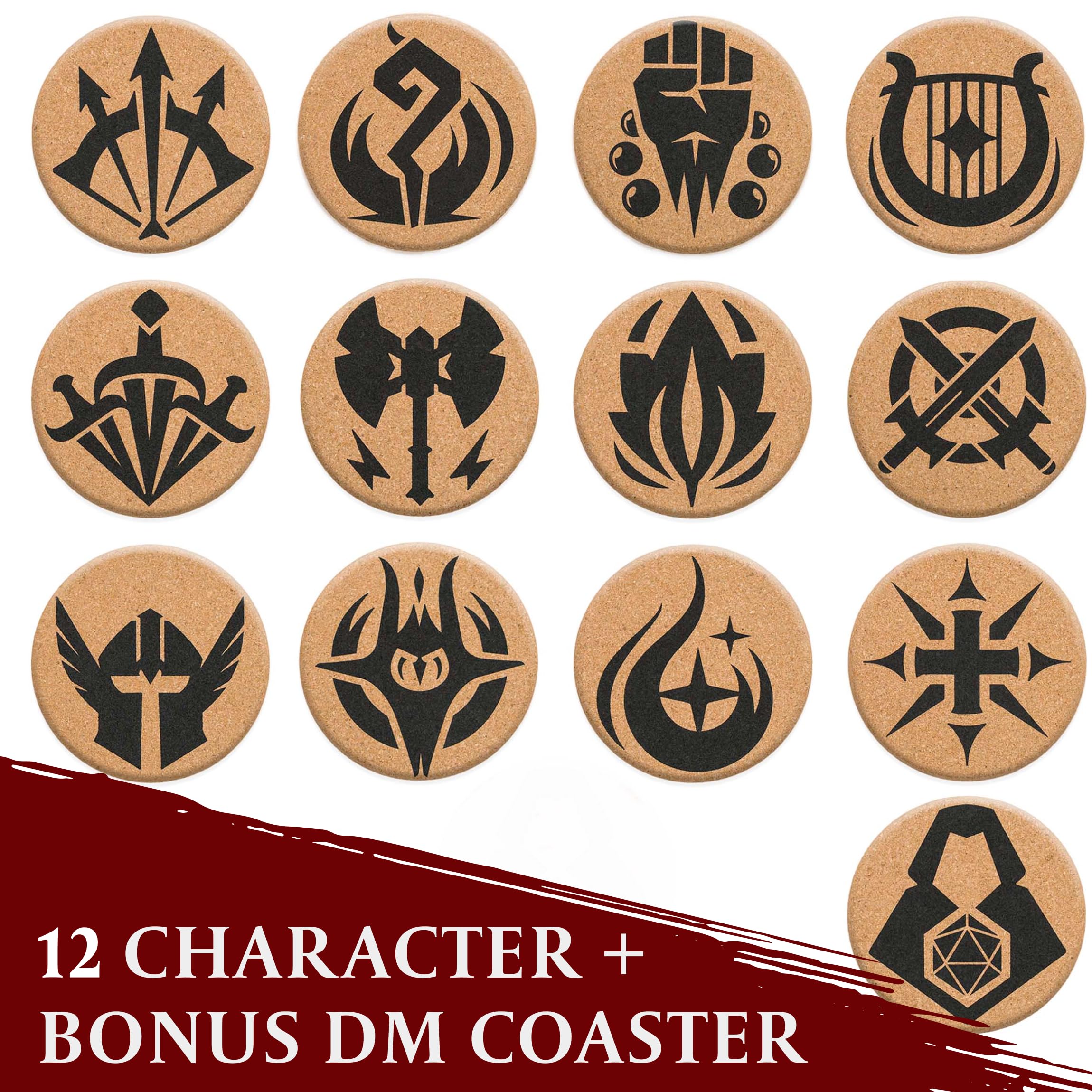 Hq Cork Dnd Coasters - Set Of 12 Class +1 Dm Icon Coasters - Great Nerdy Gift For D&D Players, Gamers, Dm, Men Or Women- Dungeon