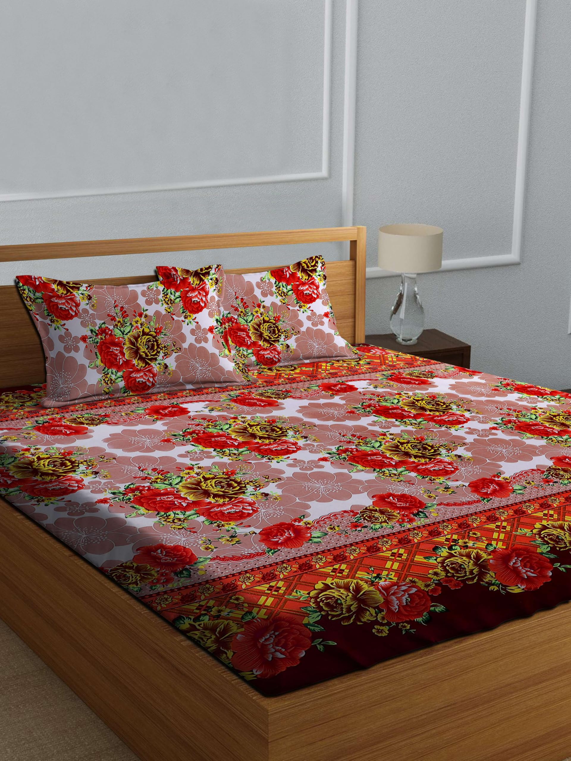 Decorum Red Floral Double Bedsheet | 228 x 220 cm Soft Cotton Blend Bed Sheet with 2 Pillow Covers | Traditional Rose Print Bedd