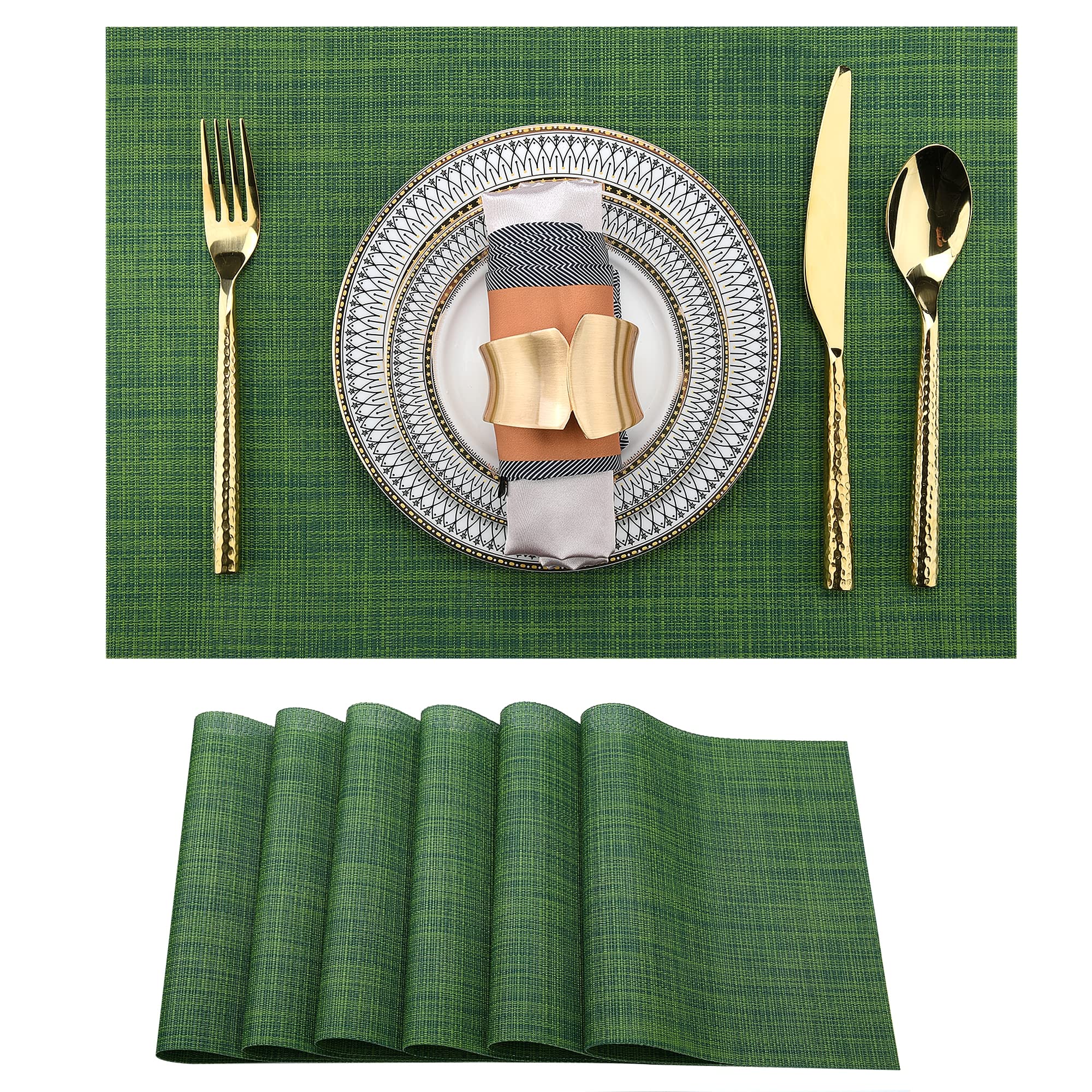 Slkqg Green Placemats Set Of 6 - Wipe Clean Vinyl Placemats - Washable Heat Resistant Pvc Table Mats For Dining Table - 17X12 In