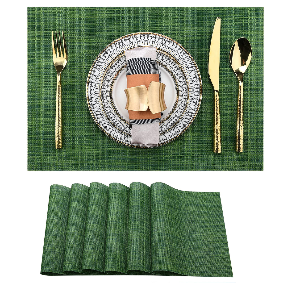 Slkqg Green Placemats Set Of 6 - Wipe Clean Vinyl Placemats - Washable Heat Resistant Pvc Table Mats For Dining Table - 17X12 In