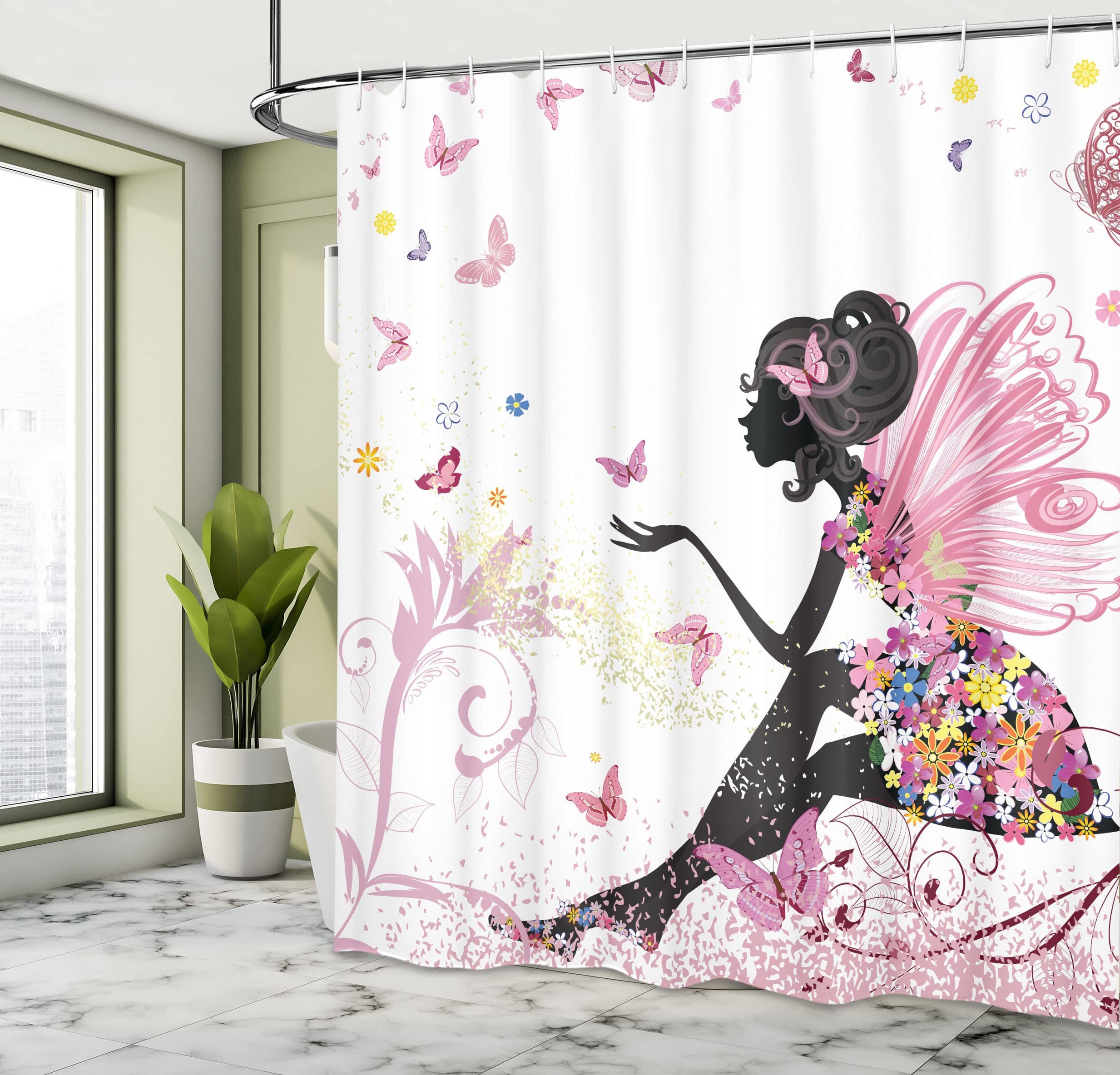 Ambesonne Fantasy Shower Curtain, Girl Silhouette In A Floral Dress Surreal Garden Flying Butterflies Print, Cloth Fabric Bathro