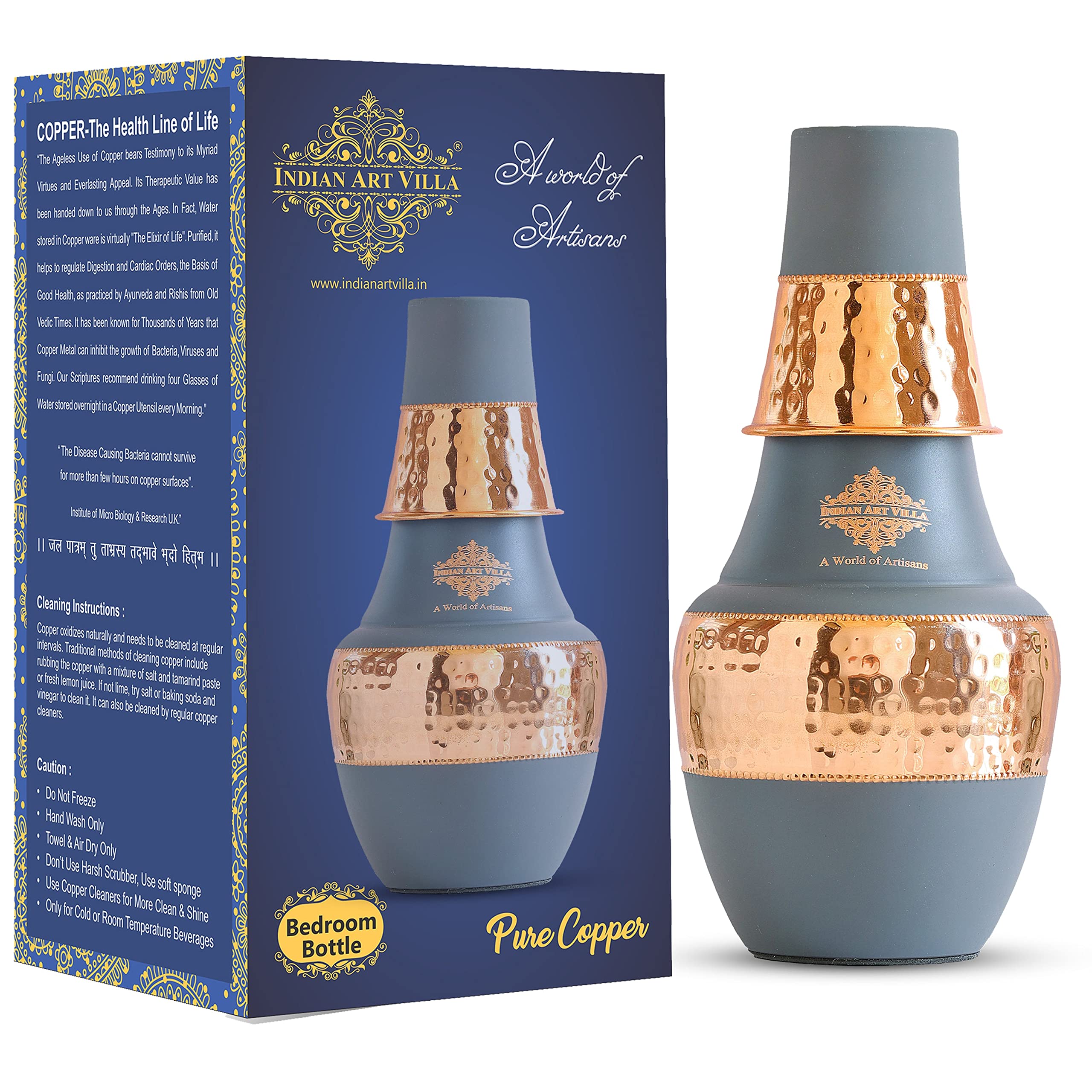 Indian Art Villa Pure Copper Bedroom Water Bottle With Inbuilt Glass, Surahi Design Grey Half Silk Half Hammered Finish - Storag