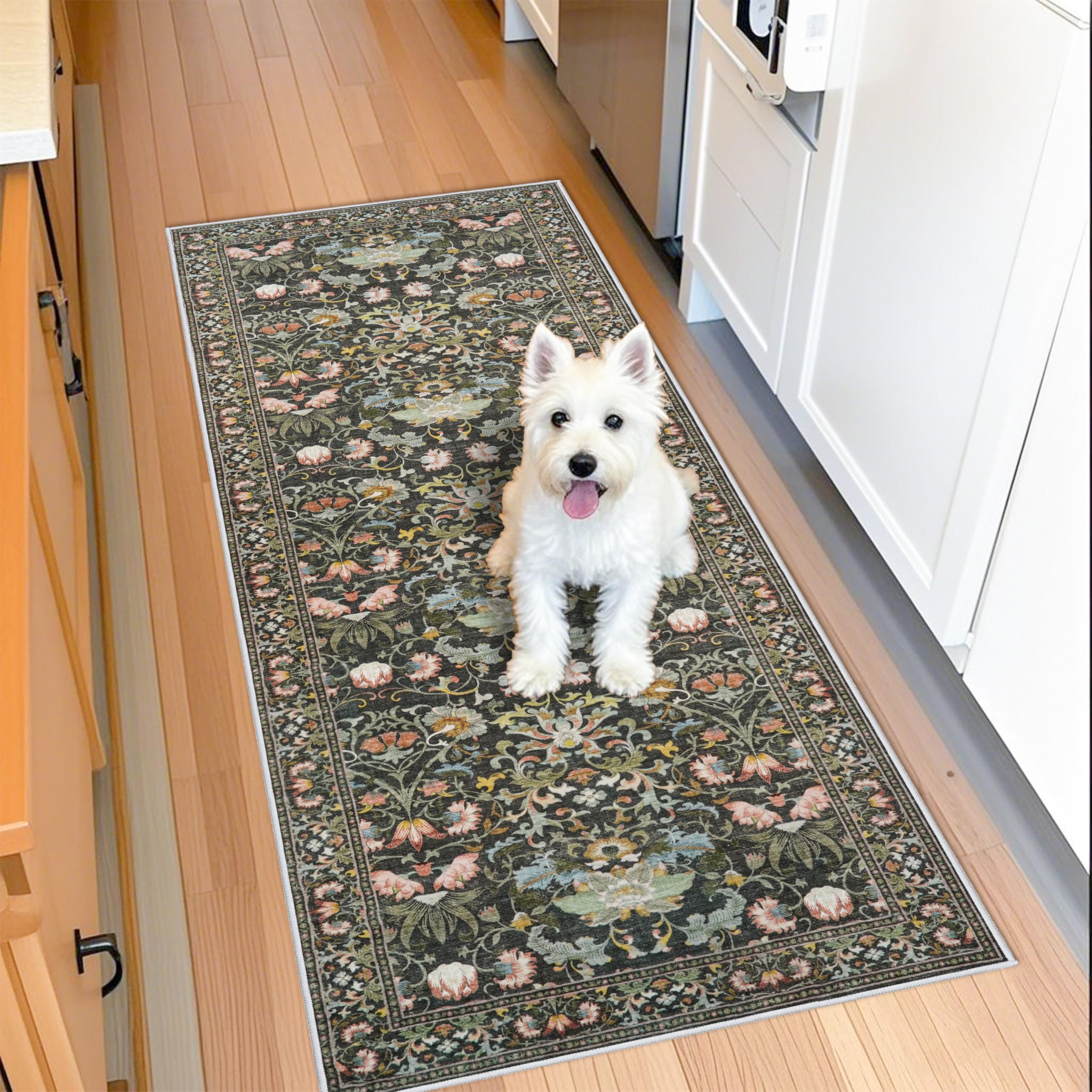 Hallway 2x5 Washable Runner Rug: Oriental Floral Stain Resistant Rug for Entryway Kitchen Farmhouse Soft Carpet for Bathroom Bed