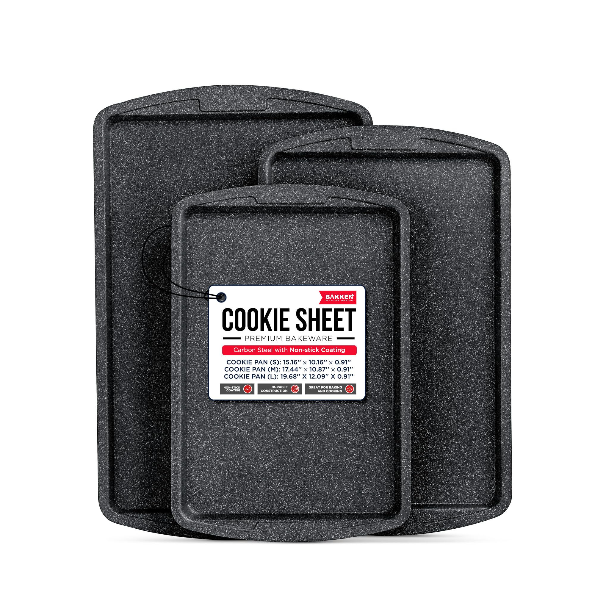 Bakken Swiss Cookie Sheet 3 Piece Set - Non-Stick, Stackable Baking Pans, Gray marble Deluxe Ceramic Coating - Dishwasher Safe -