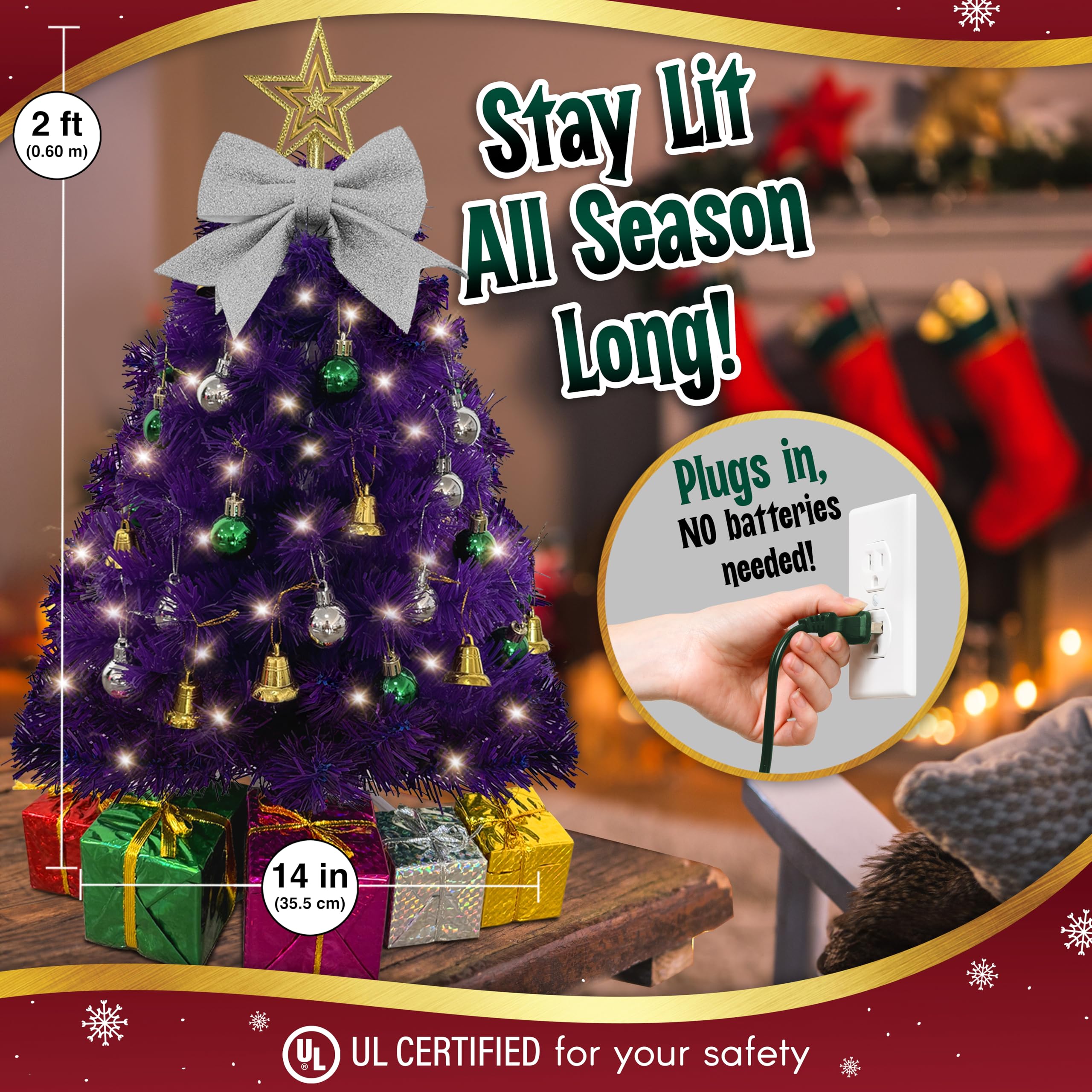 Small Purple Christmas Tree with Lights - 23 Inch Mini Tabletop Christmas Tree with Warm-White LED Lights, Hanging Ornaments, De