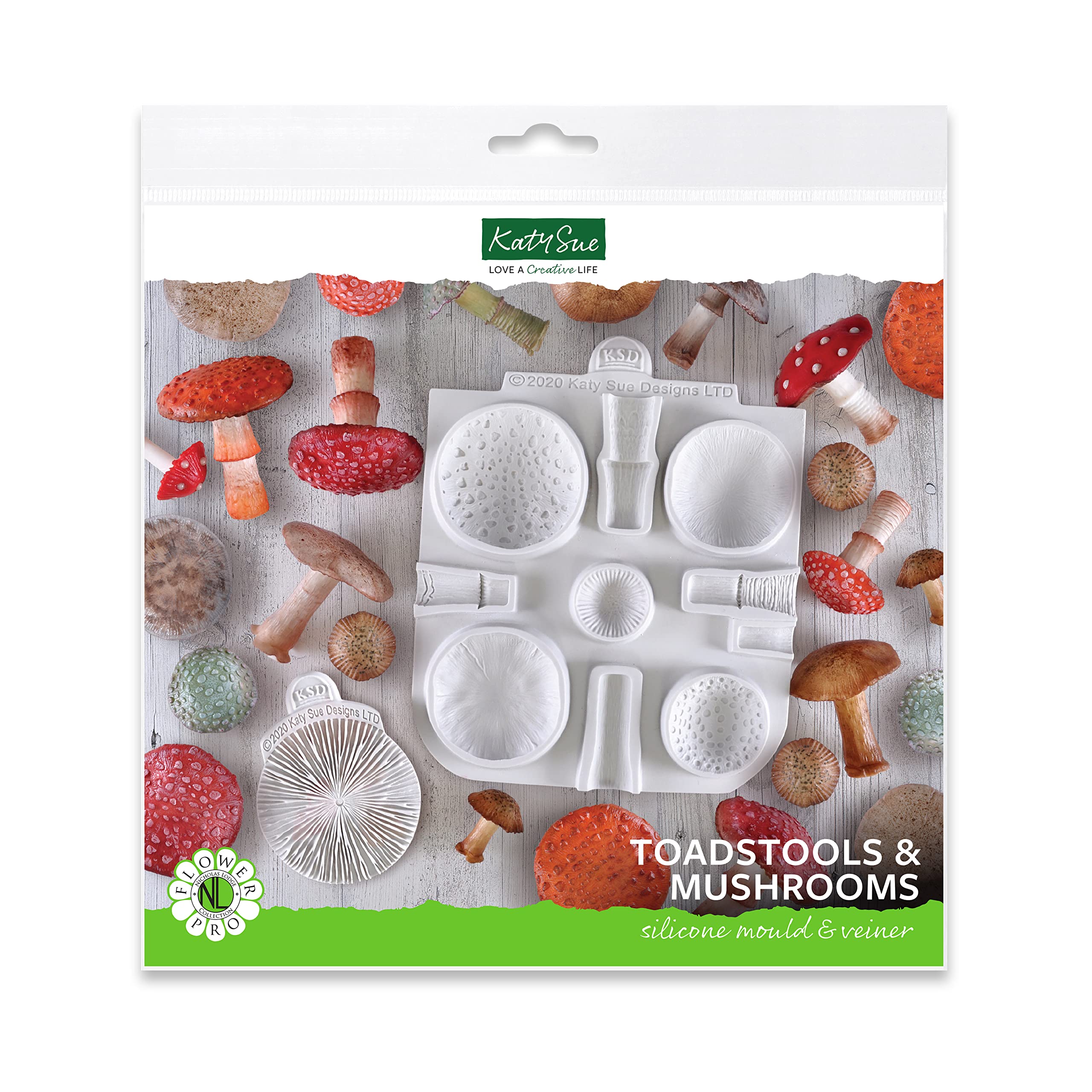 Flower Pro Toadstools & Mushrooms Silicone Mold & Veiner Set For Cake Decorating & Crafts By Katy Sue - Make 5 Sizes & Styles Of