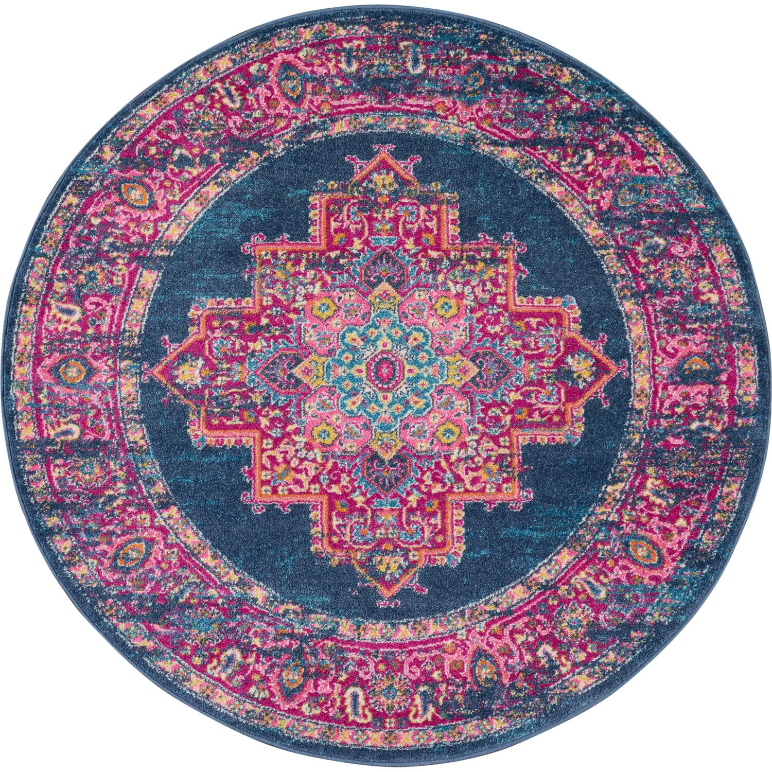 Nourison Passion Blue 8 x Round Area-Rug, Boho, Traditional, Easy-Cleaning, Non Shedding, Bed Room, Living Room, Hallway, (8 R