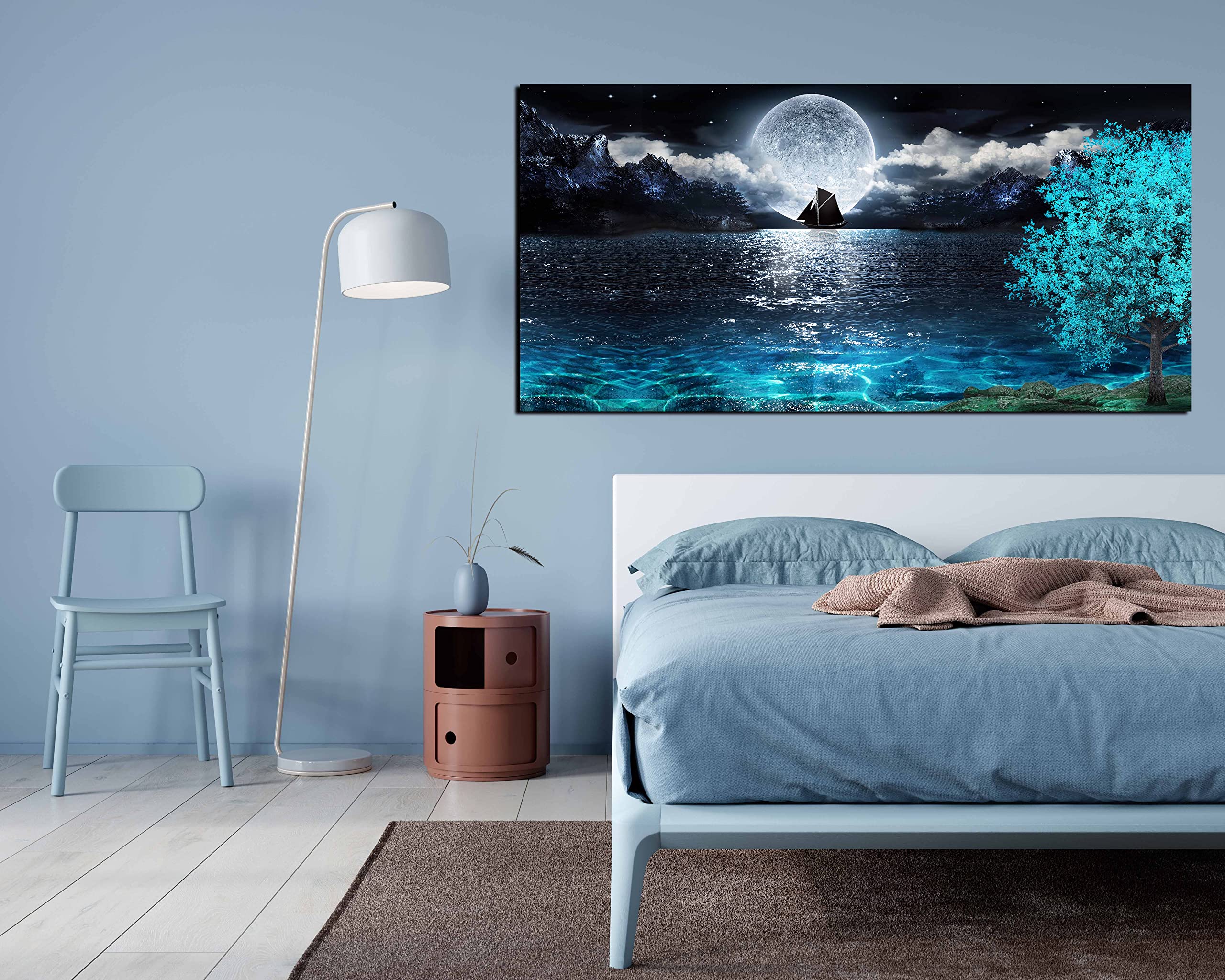 Aburaeart Moon Sea Ocean Large Canvas Wall-Art For Living Room - Blue Tree Wall Decor - Large Artwork On Canvas Print Ready To H