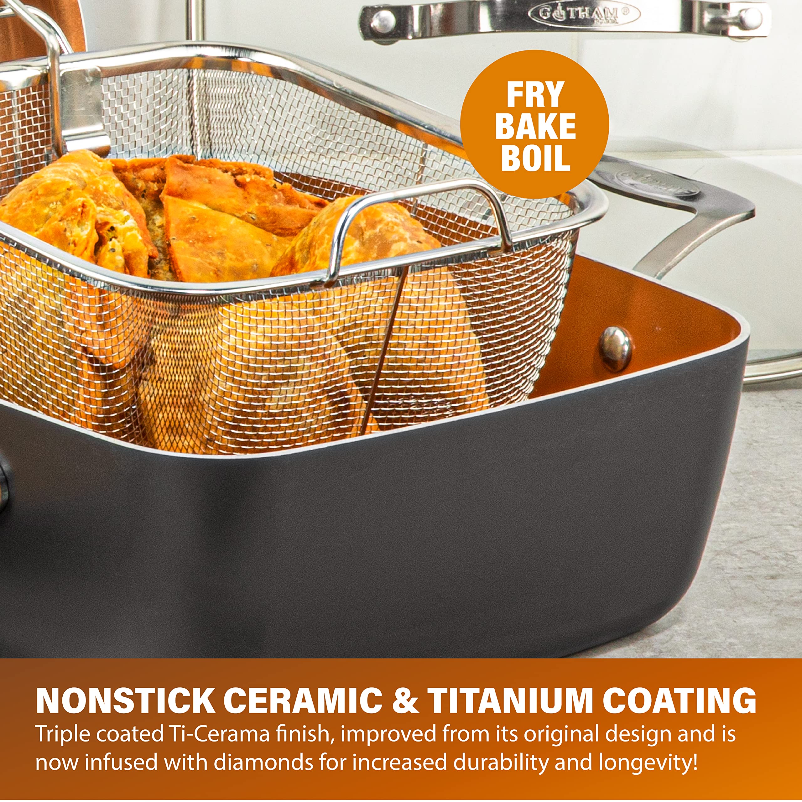 GOTHAM STEEL - 6 Quart XL Nonstick Copper Deep Square All in One 6 Qt Casserole Chefs Pan & Stock Pot- 4 Piece Set, Includes Fry