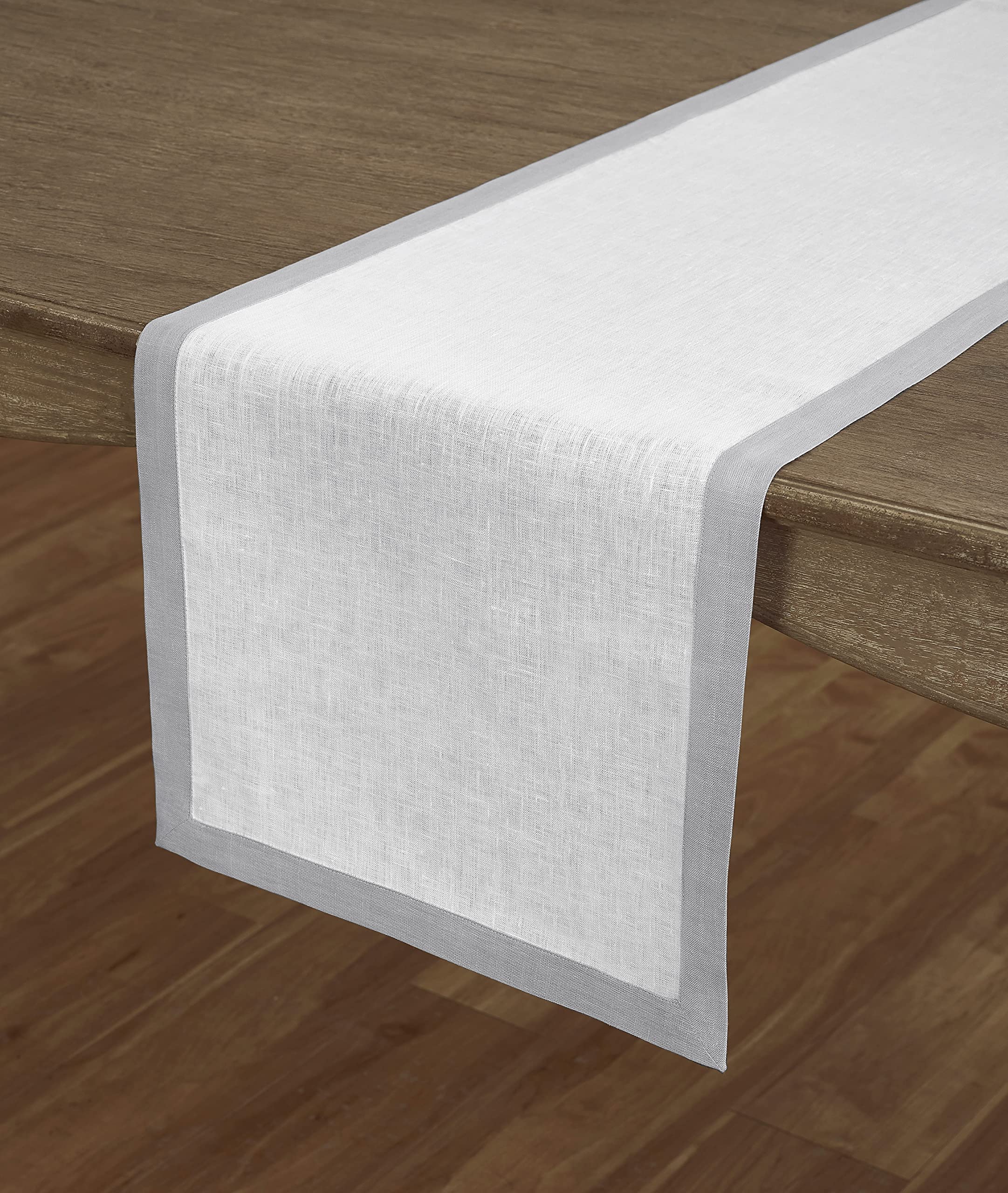 Solino Home Classic Linen Table Runner - 100% Pure Linen 14 x 48 Inch Table Runner for Spring  Summer  Dining - Handcrafted from European Flax and Machine Washable - Soft Grey and White