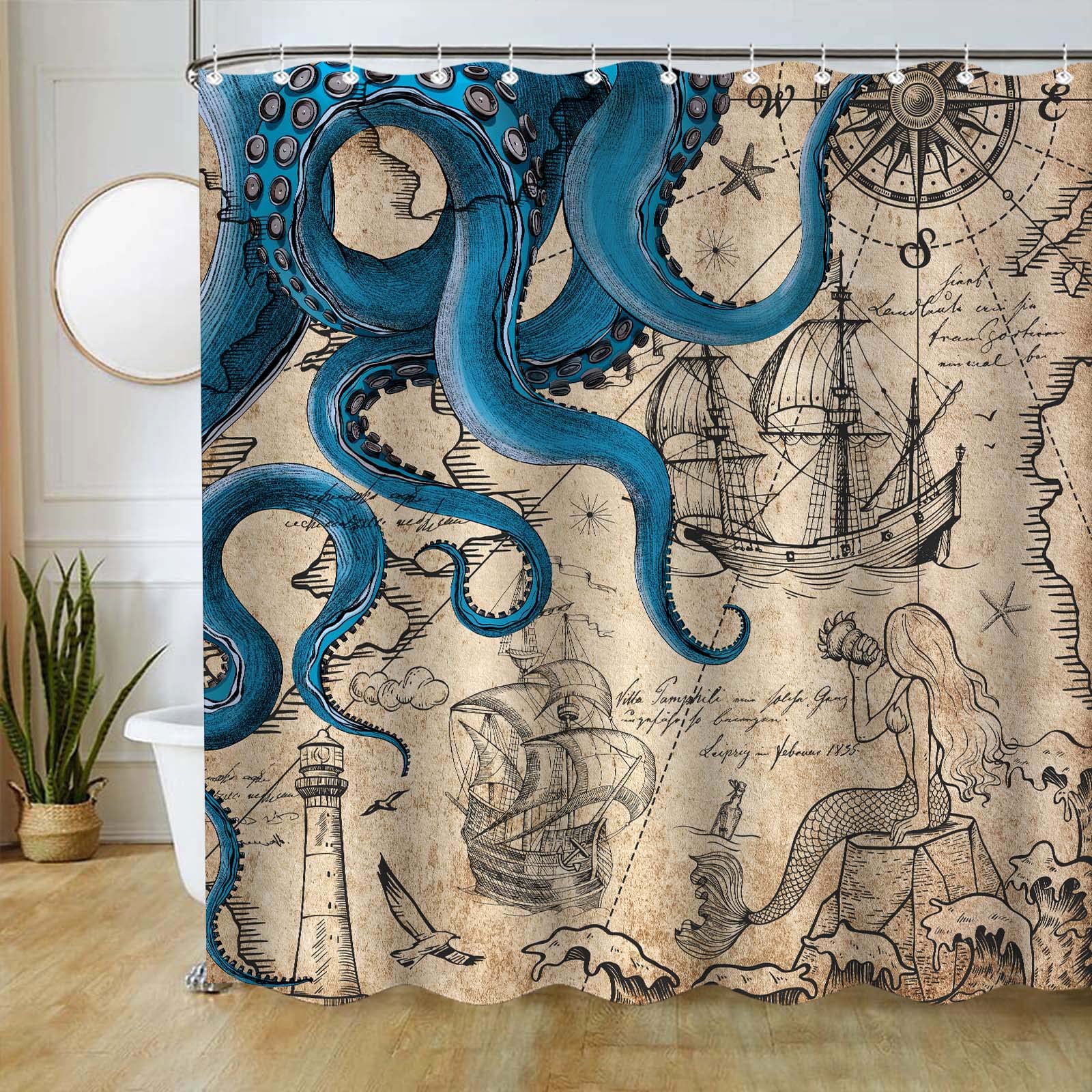 Fungarth Vintage Nautical Octopus Shower Curtain Navy Blue Mermaid Funny Ocean Kraken Shower Curtains For Bathroom Anchor Coasta