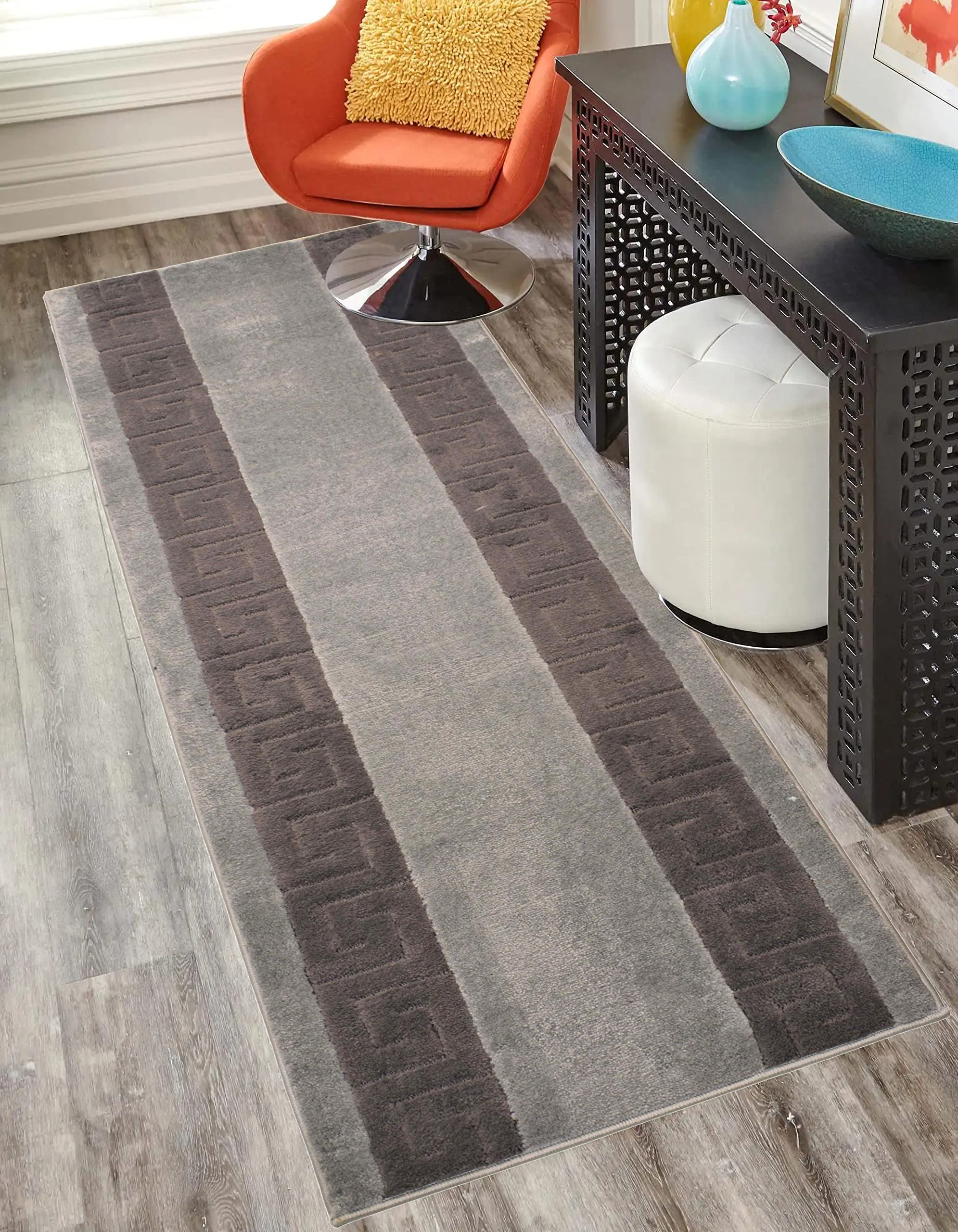 Washable Custom Size Runner Rug Meander Design Grey and Black, (12 Feet Length x 26 Inch Width) Custom Cut Slip Resistant Rubber