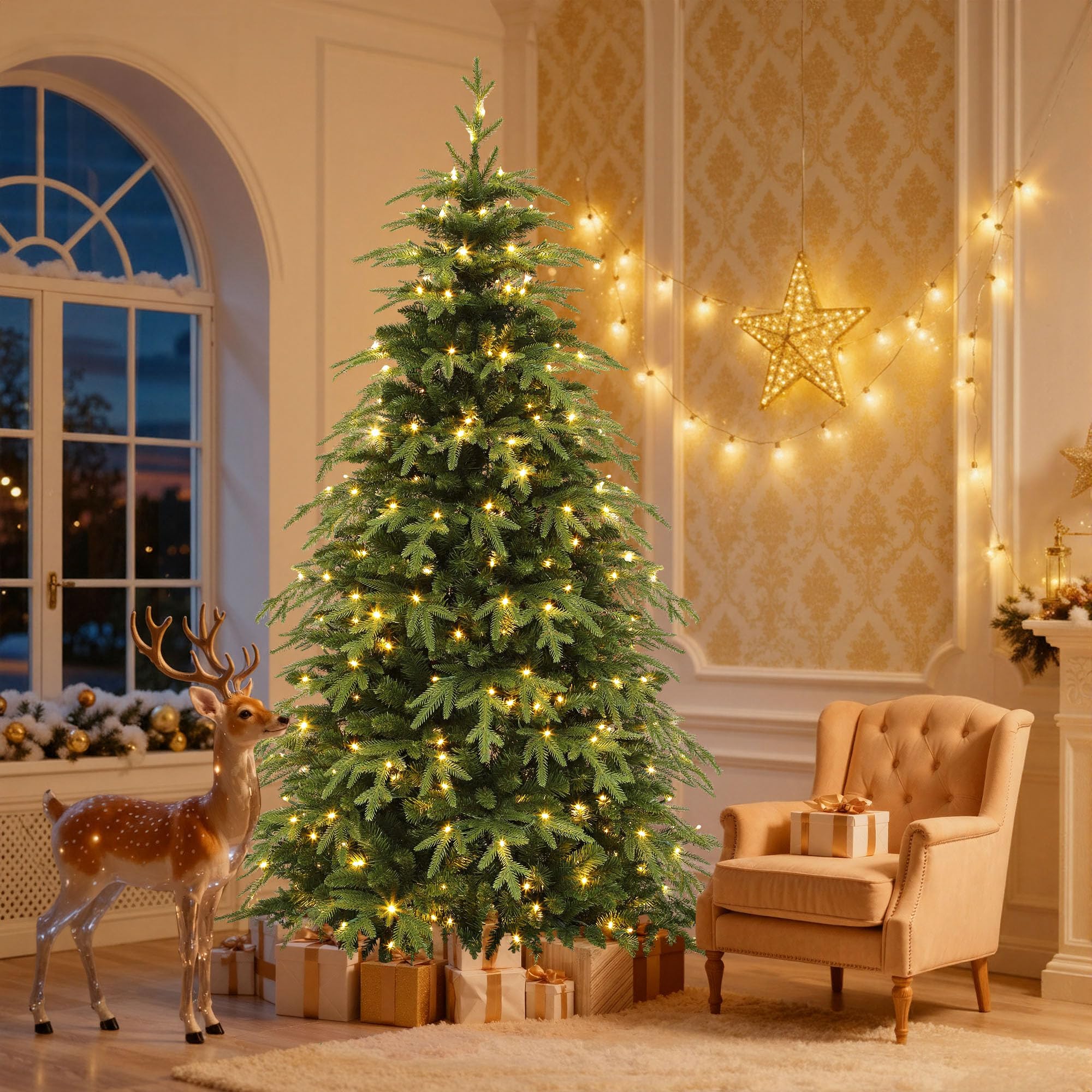 DWVO 6ft Prelit Christmas Tree with Lights, Full Downswept Artificial Fir Twinkle Christmas Tree with 1628 Metal Hinged Flame Re