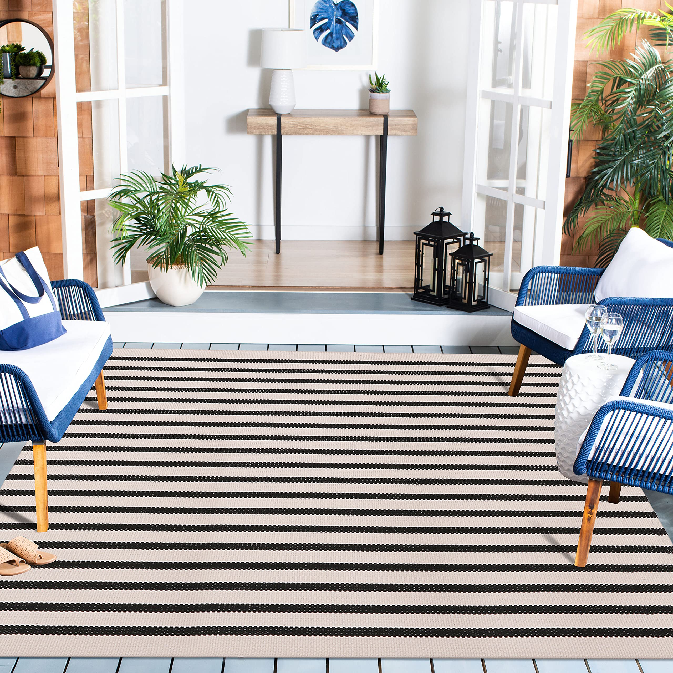 LEEVAN Outdoor Rug 4x6 ft Black and White Striped Patio Rugs, Washable Woven Cotton Boho Living Room Rug Farmhouse Collection La