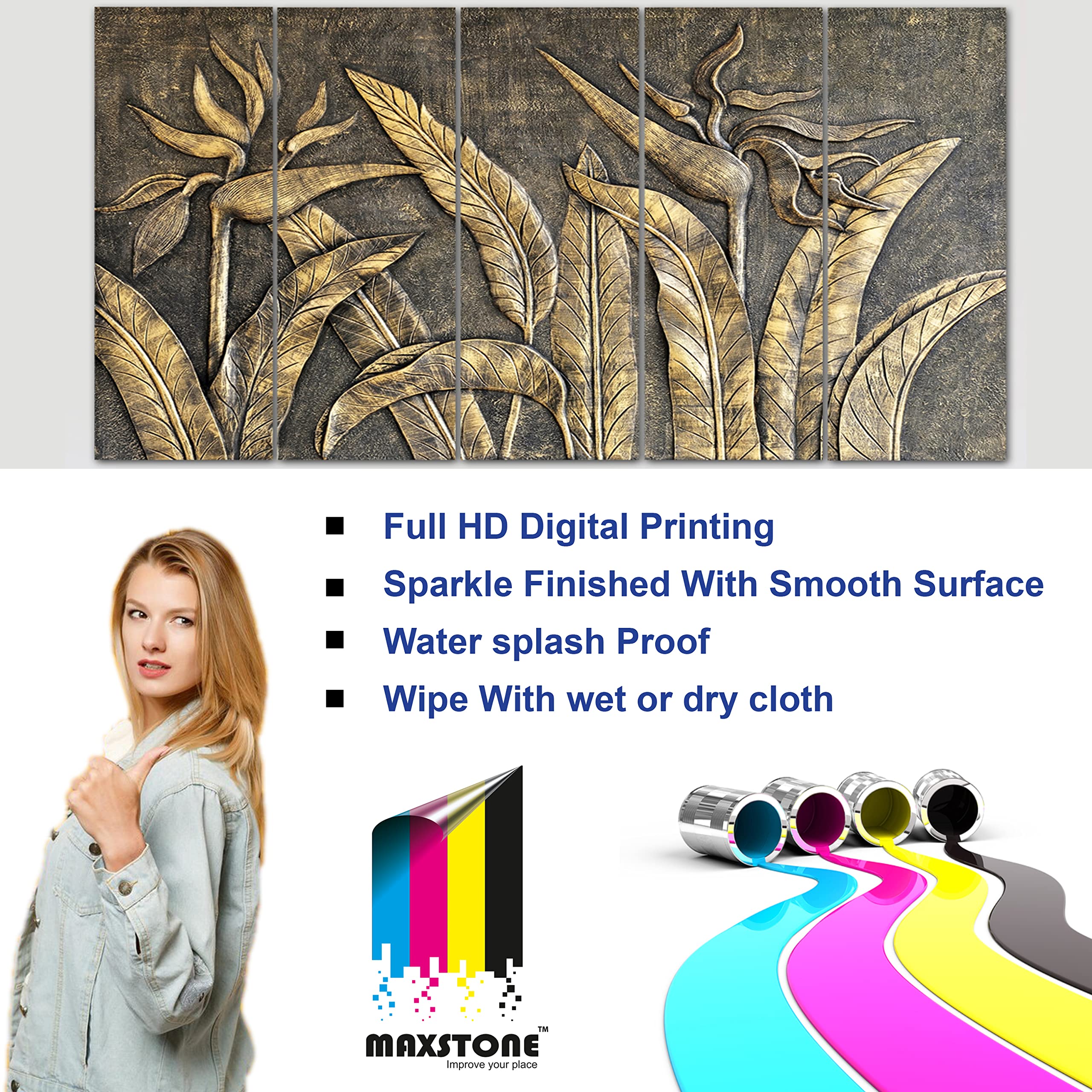 Maxstone Goldan Leaves Leaf Natural Wall Painting Living Room,Bedroom,Office,Home Dcor 5 Panal Wall Painting Big Size Wall Hangi