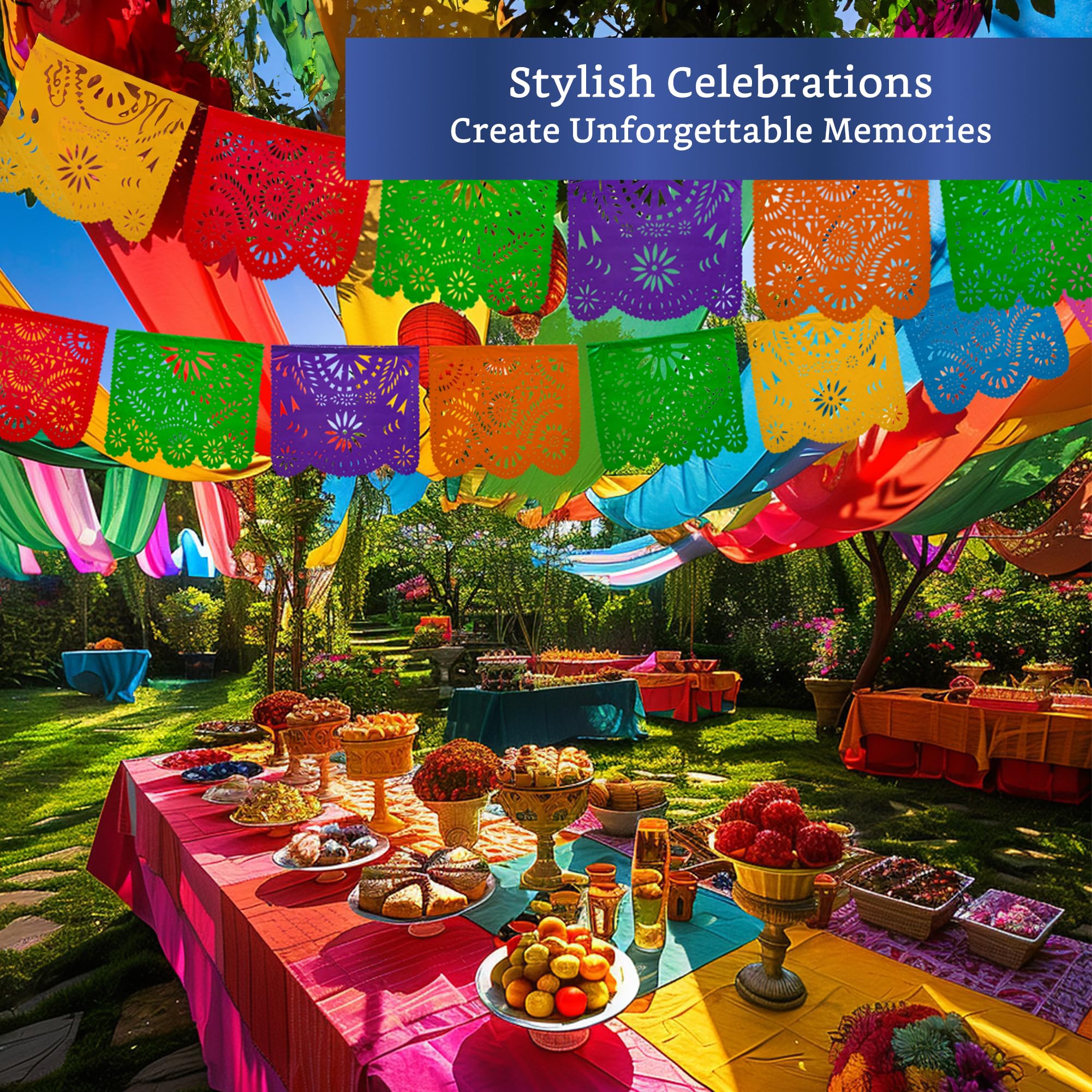Mexican Party Banners (5 Pack with 10 Plastic Flags per Banner) - Papel Picado Mexicano para Fiesta - Plastic Papel Picado - Fie