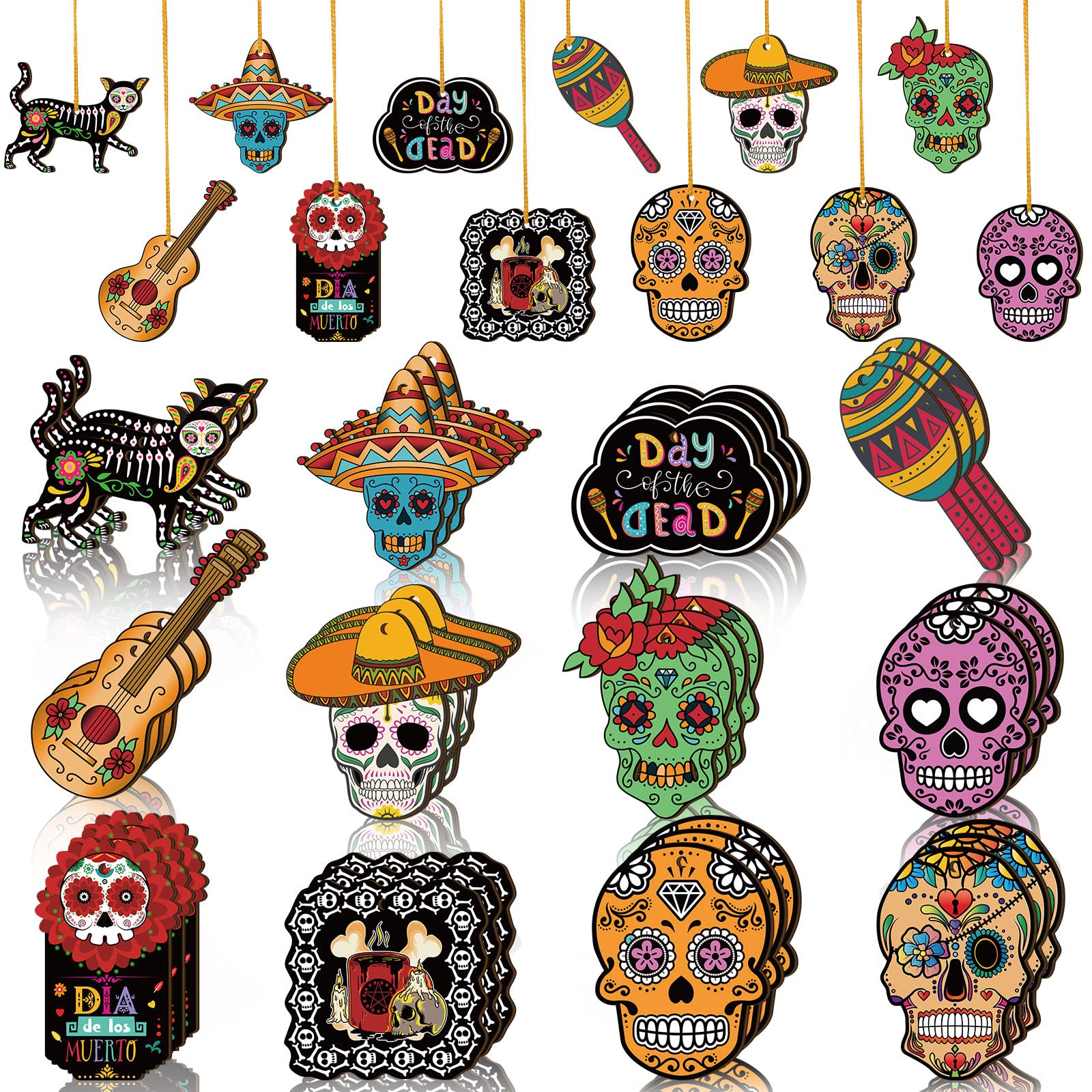36 Pieces Day of The Dead Sugar Skull Halloween Wooden Ornaments Ghost Hanging Outdoor Skeleton Cats Wood Decorations for Mexica