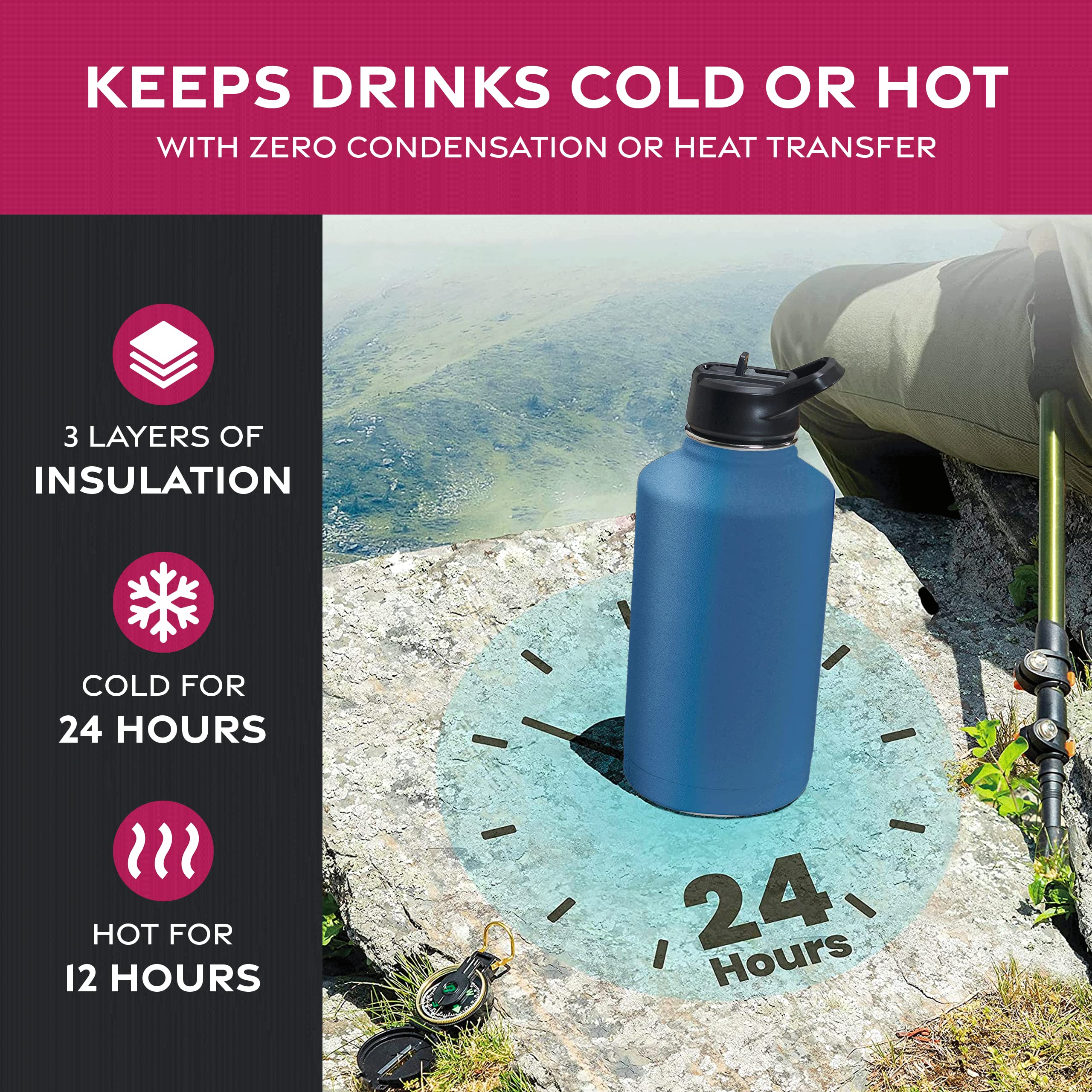 FineDine Triple Walled, Insulated Water Bottles with Straw - 64 Oz Stainless Steel Metal Bottle W/ 3 Leak Proof Lids - For Trave