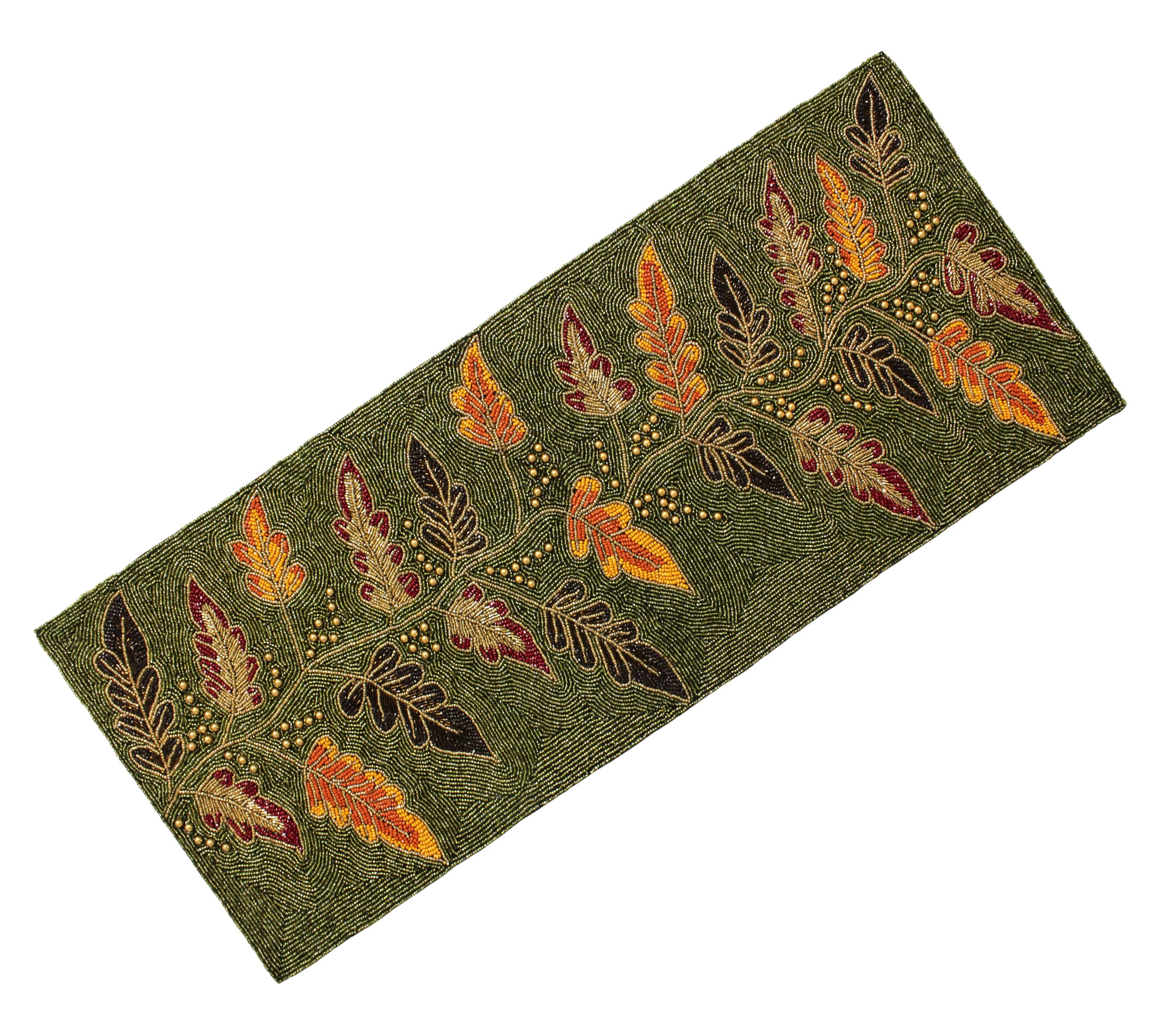 COTTON CRAFT Harvest Beaded Table Runner - Fall Leaves Autumn Foliage Handmade Tablerunner - Thanksgiving Halloween Christmas Ce