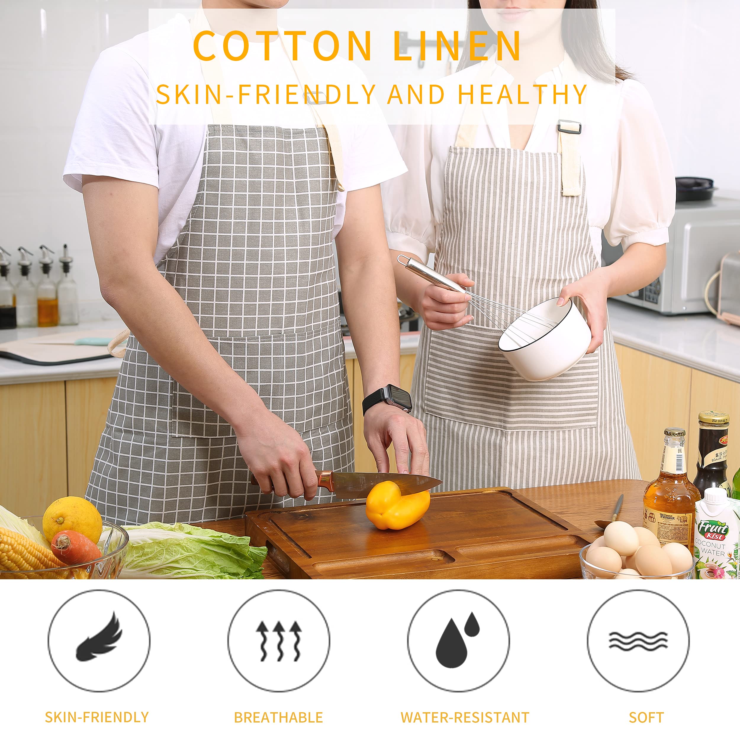 Tosewever 2 Pieces Kitchen Cooking Aprons, Waterproof Linen Adjustable Bib Aprons With 2 Pockets For Women Men Chef (Grey Stripe