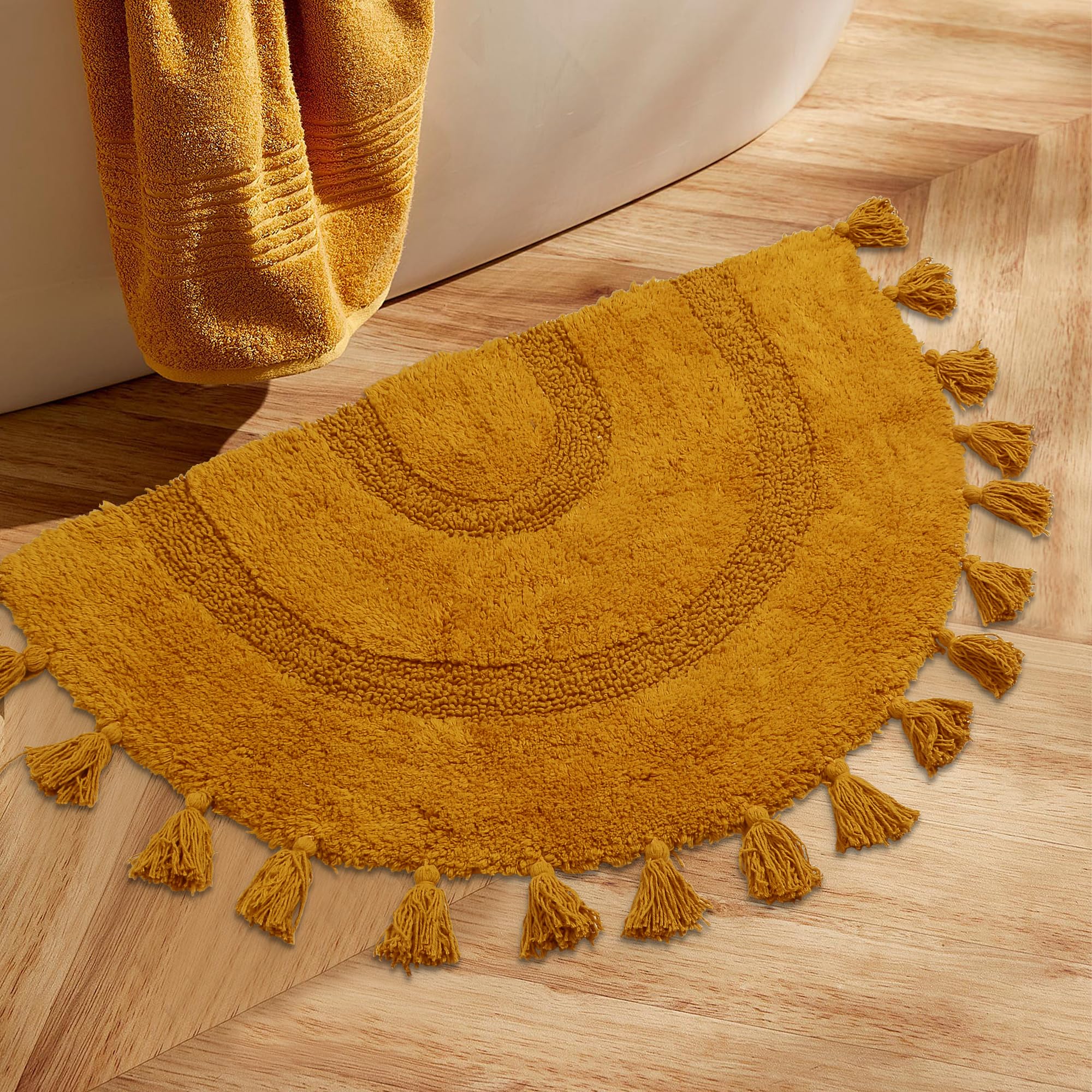 Half Circle Boho Bathroom Rugs With Tassels 100% Cotton Hand-Woven Bath Mat Non Slip Absorbent Bath Rugs With Rug Pad Washable B