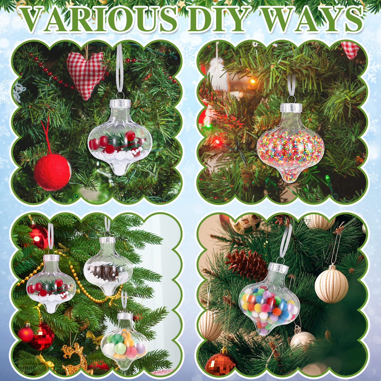 Leitee 12 Pcs Christmas Plastic Ornament Balls, 3 Inches Lantern Shape Fillable Clear Ornaments Balls with Screw Off Caps and Ro