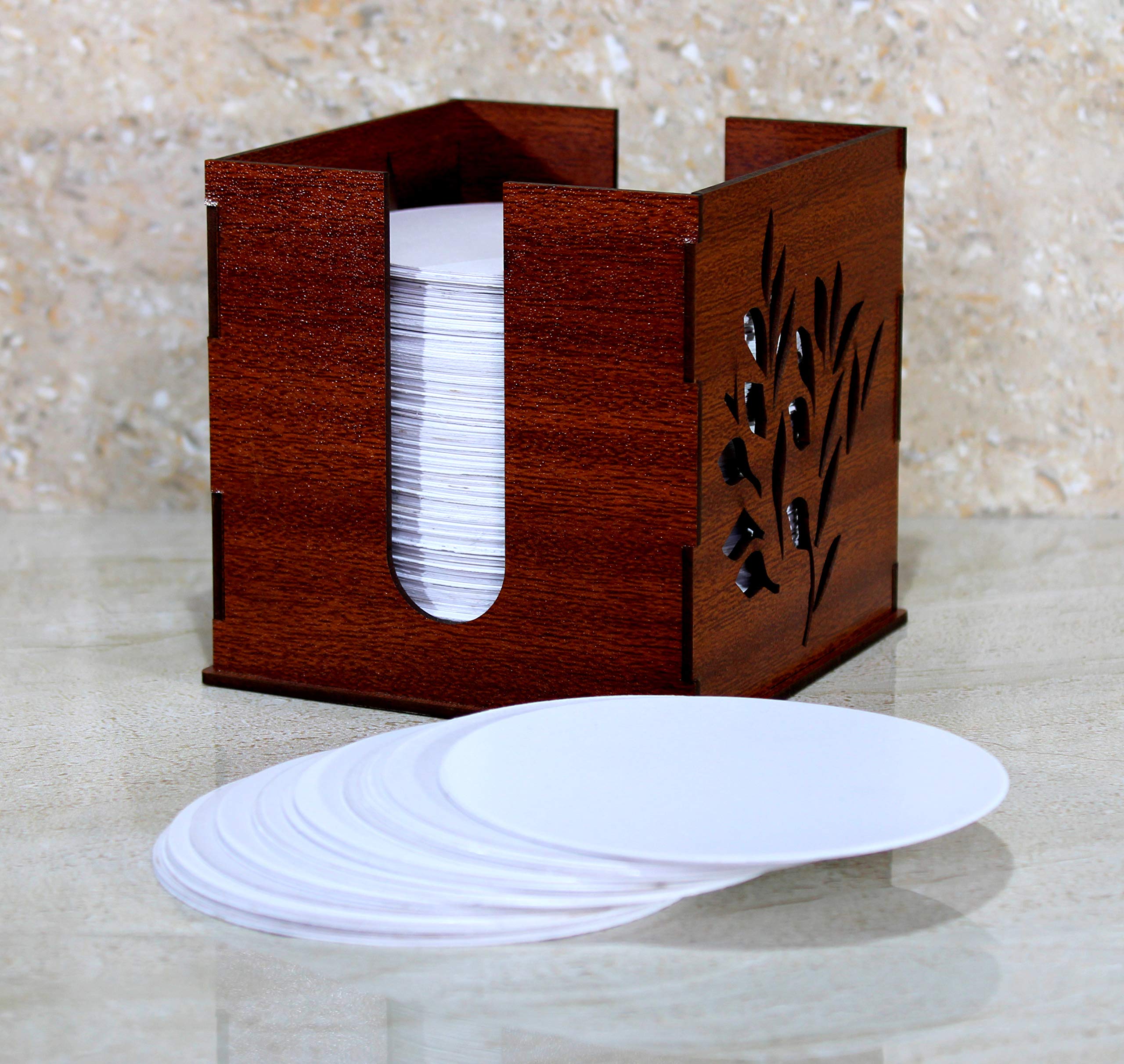 Esplanade Disposable Paper Coasters With Wooden Stand - Use And Throw Reversible Round Paper Coasters - Set Of 500 - White