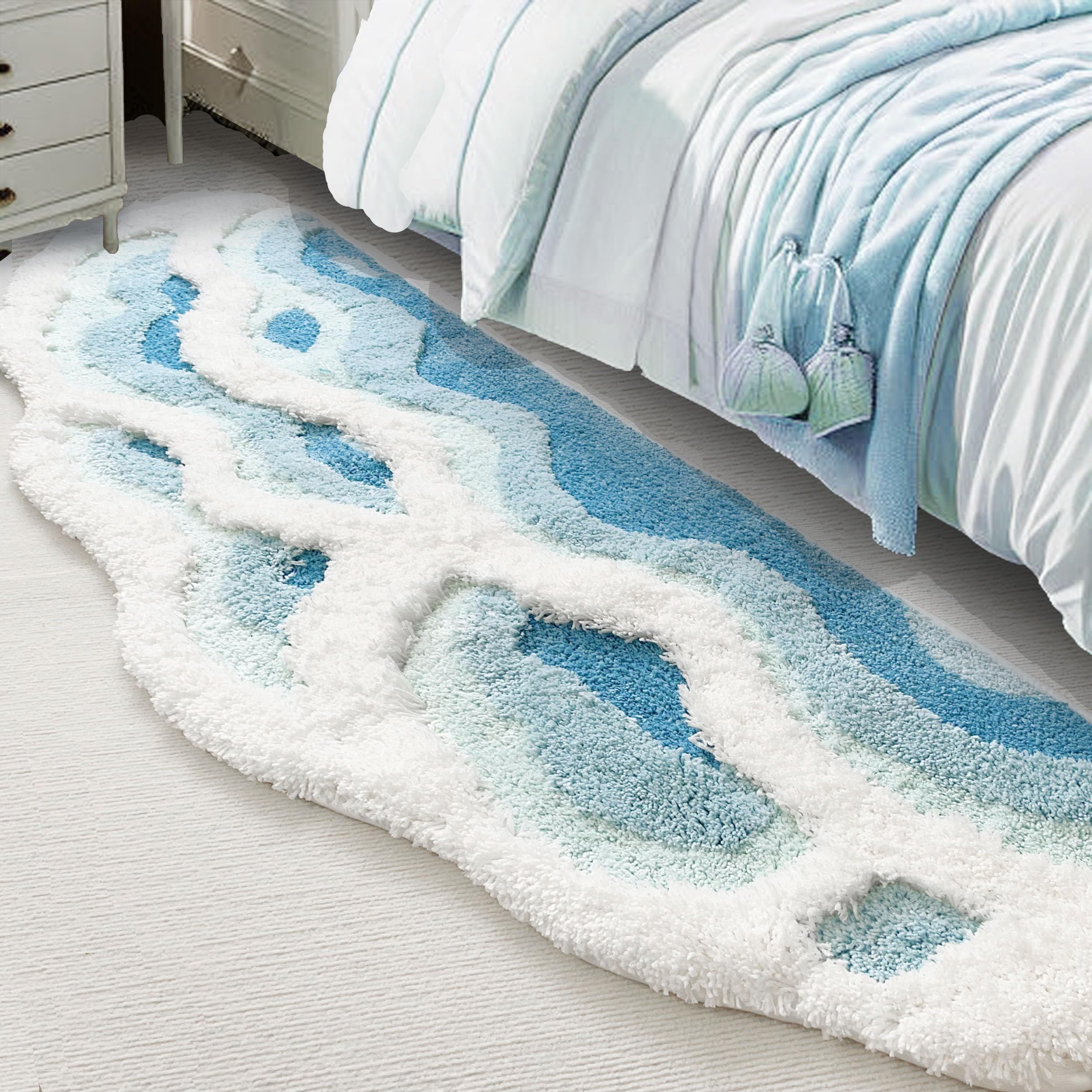 Zshifang 2X6 Feet Shag 3D Stereo Wave Moss Bedside Rug 23''  72'' Cute Navy Blue Runner Rug Non Slip Washable Bathroom Rugs Bath