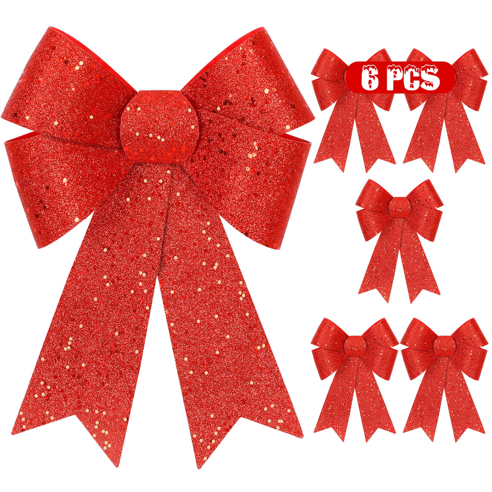 6 PCS Christmas Bows, 9 x 12 in Large Christmas Tree Bows, PVC Glitter Red Decor Xmas Decorations Indoor Outdoor Red Bows for Wr