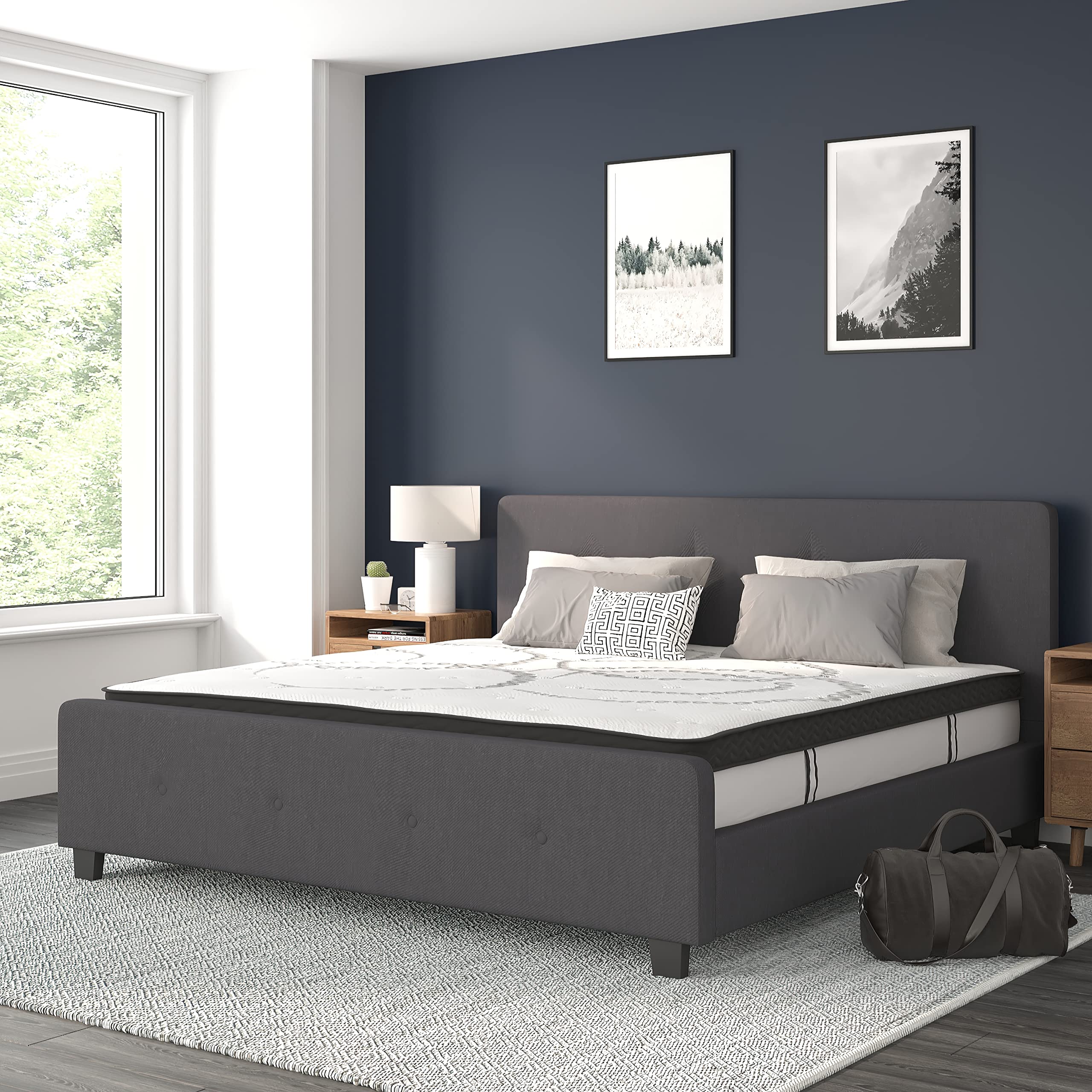 Flash Furniture Tribeca King Size Tufted Upholstered Platform Bed in Dark Gray Fabric with 10 Inch CertiPUR-US Certified Pocket 