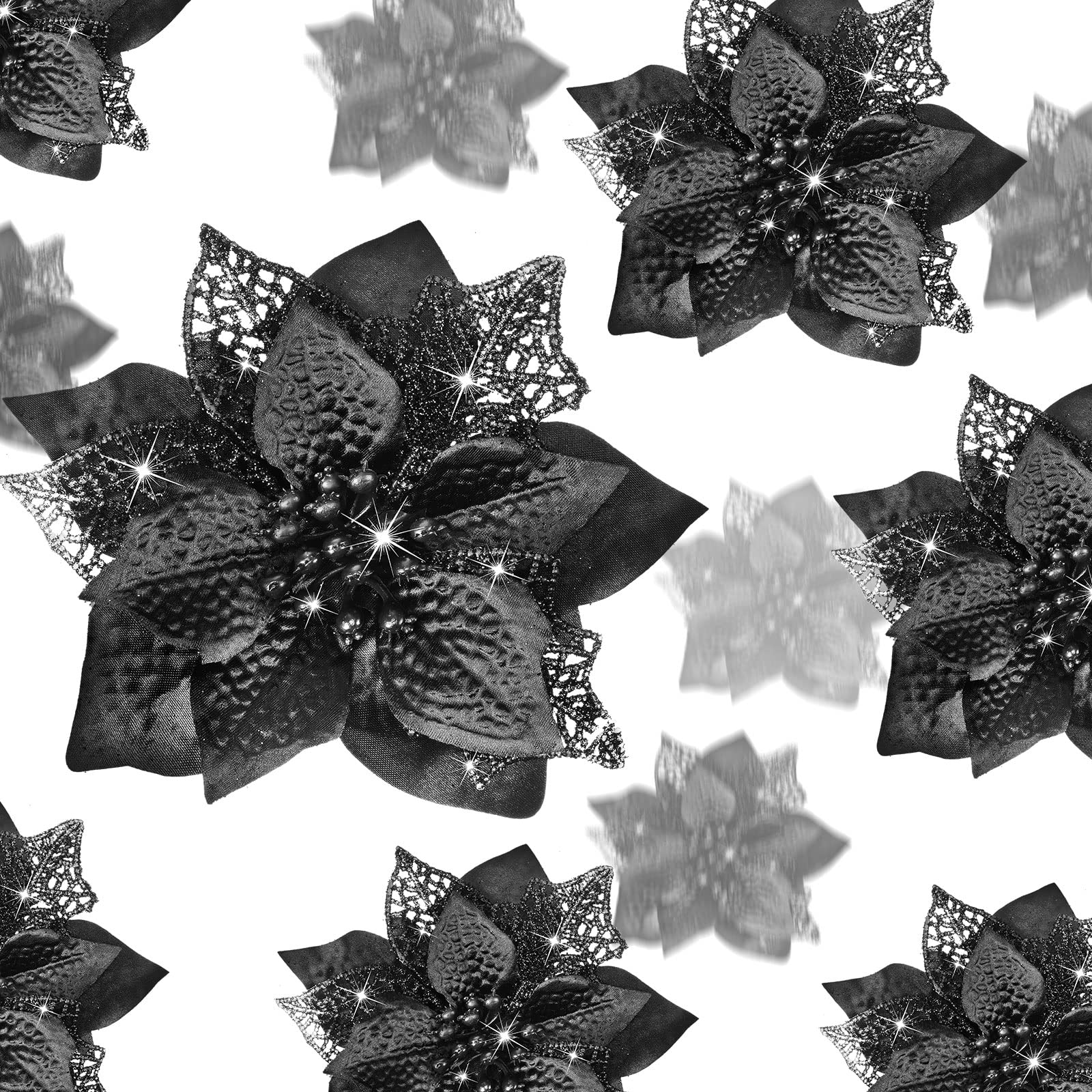 Boao 24 Pieces Christmas Artificial Glitter Poinsettia Flowers Xmas Flowers Wedding Christmas Tree New Year Ornaments(Black)